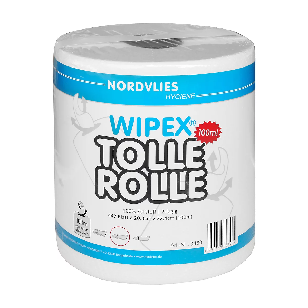 Rouleau de tissu de nettoyage Wipex Grand rouleau, 2 plis, blanc, 447 feuilles par rouleau, 6 rouleaux par boîte