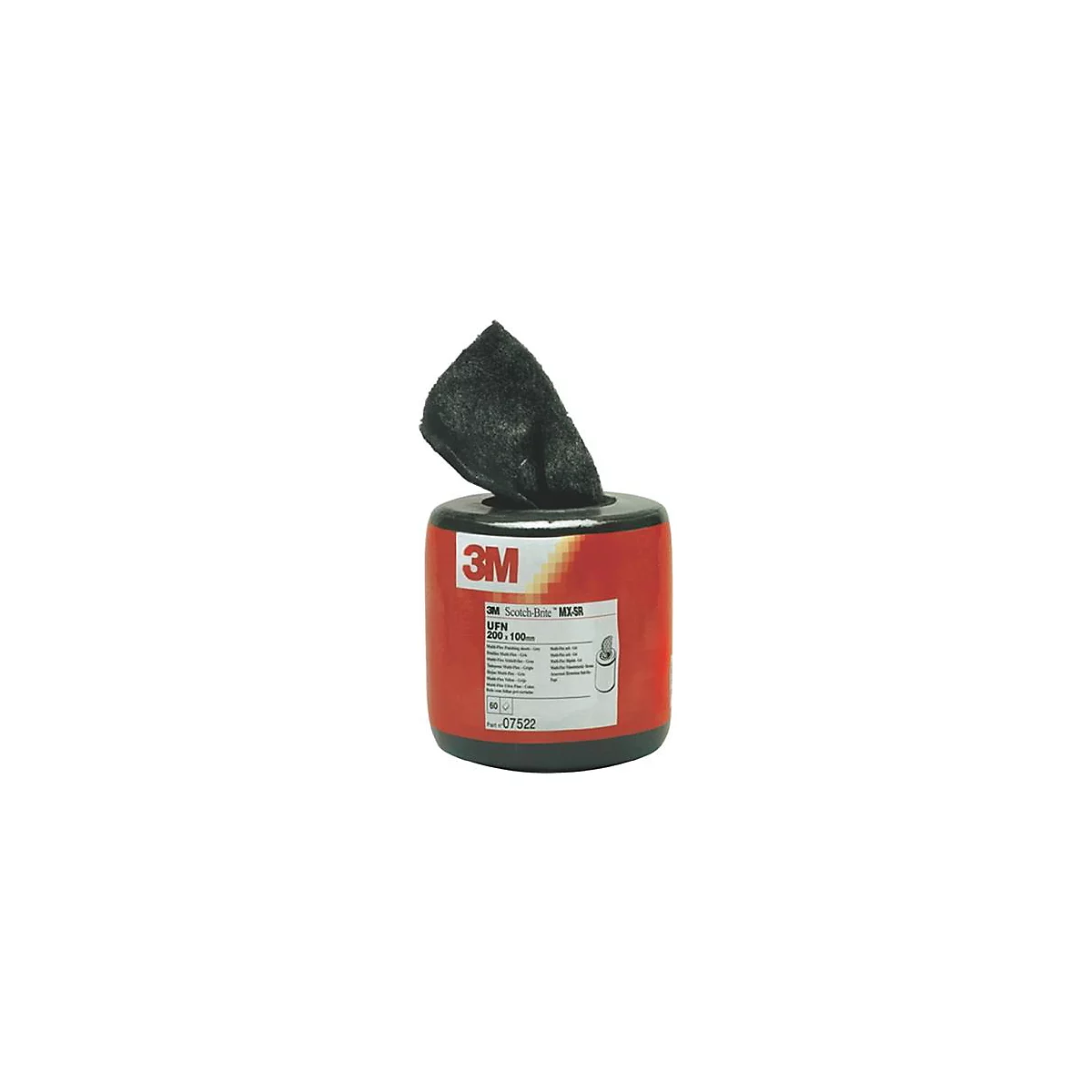 Un récipient rouge avec de la matière noire qui dépasse. Il y a une étiquette blanche sur le récipient avec du texte et le logo 3M.