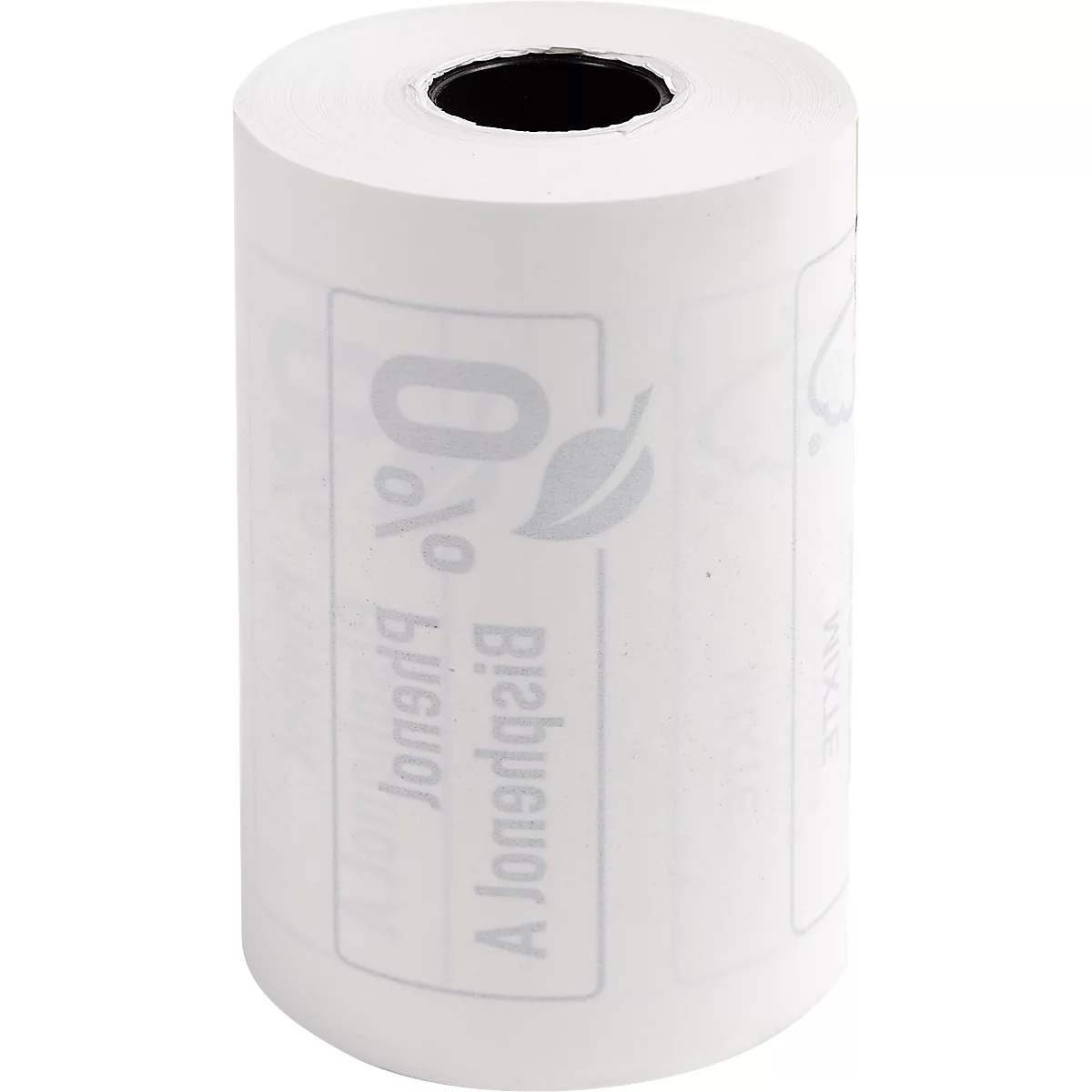 Un rouleau de papier thermique blanc avec des impressions, dont '0% Bisphénol A' et un symbole de feuille.