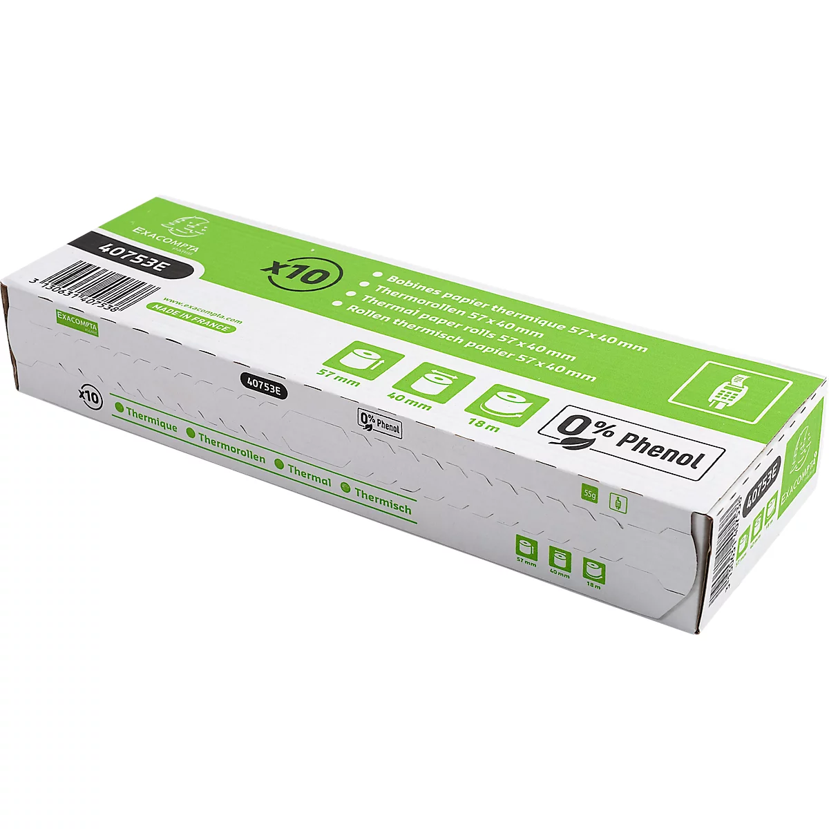Une boîte rectangulaire avec impression. Vert, blanc, lettrage noir. '0% Phénol'.