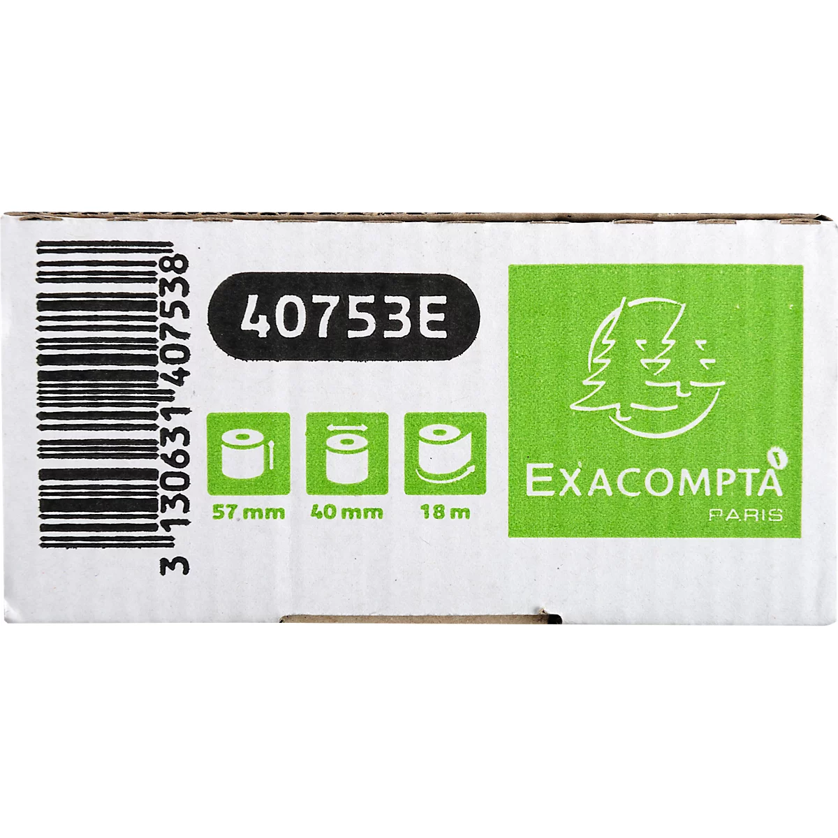 Gros plan d'une boîte avec des informations sur le produit : code-barres, numéro de produit 40753E, symboles verts et le texte EXACOMPTA PARIS.