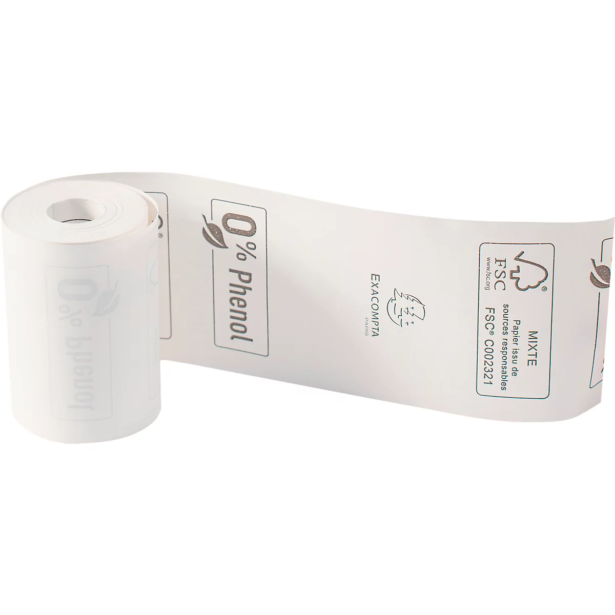 Un rouleau de papier thermique blanc, partiellement déroulé. Imprimé : '0 % Phénol' et le logo FSC.