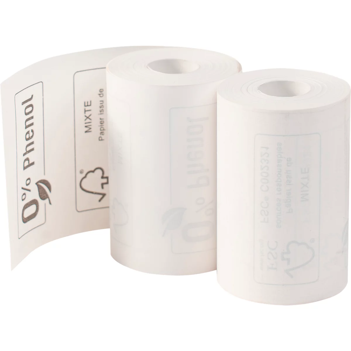 Deux rouleaux de papier blanc côte à côte, un rouleau de papier est partiellement déroulé. Le côté déroulé indique "0% Phénol" et "Papier issu de".
