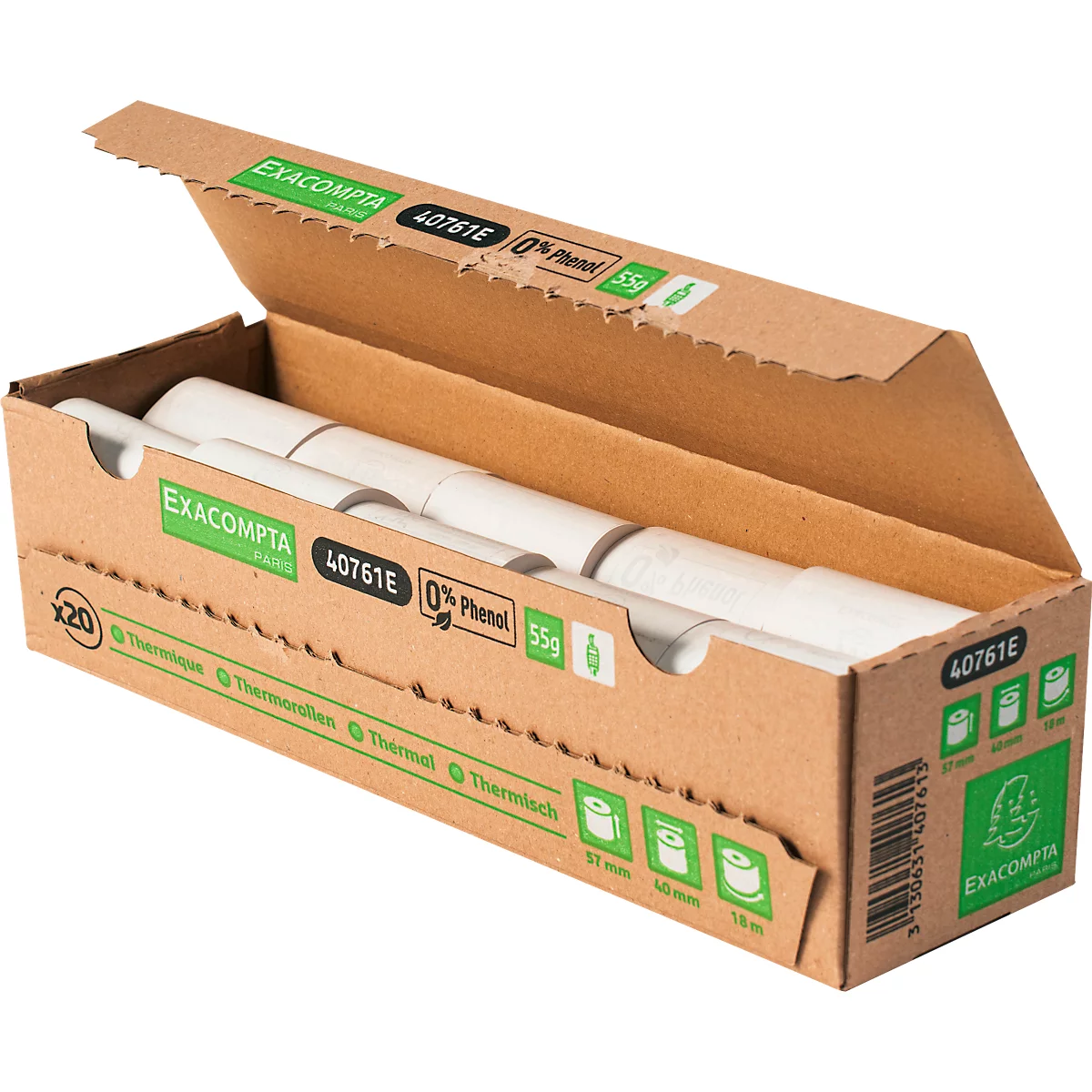 Boîte en carton marron ouverte, remplie de rouleaux de papier. Inscriptions: Exacompta, 40761E, 0% Phénol, 55g.
