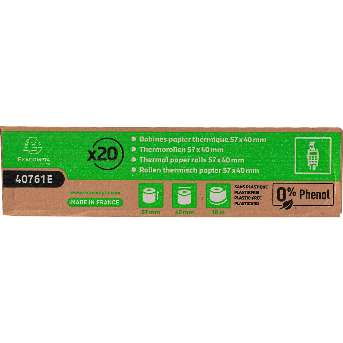 Emballage marron avec des éléments verts et des informations sur le produit. Inscription "x20", rouleaux de papier, 0% Phénol.