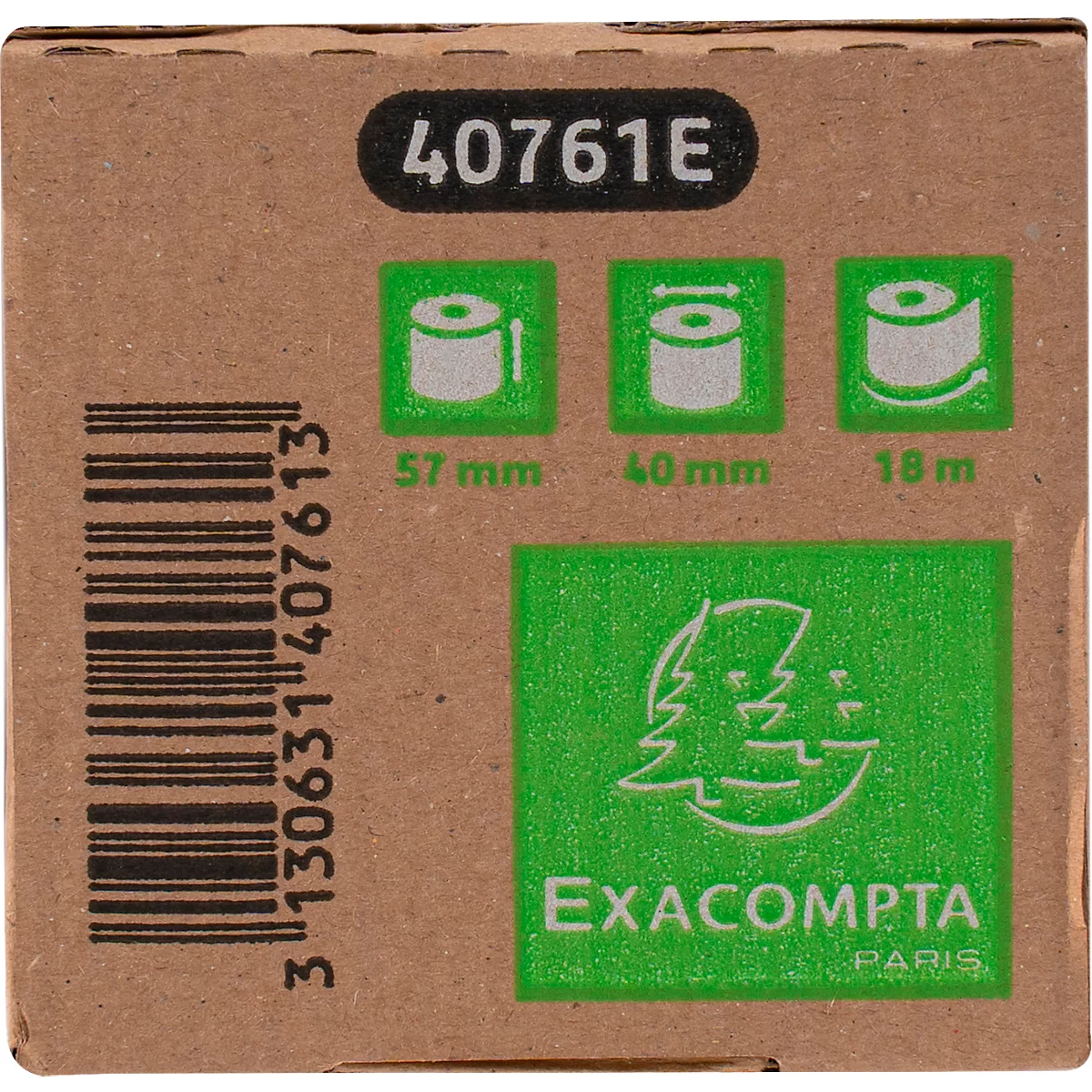 Gros plan sur une boîte en carton avec des logos et textes verts : 40761E, 57mm, 40mm, 18m, Exacompta Paris.