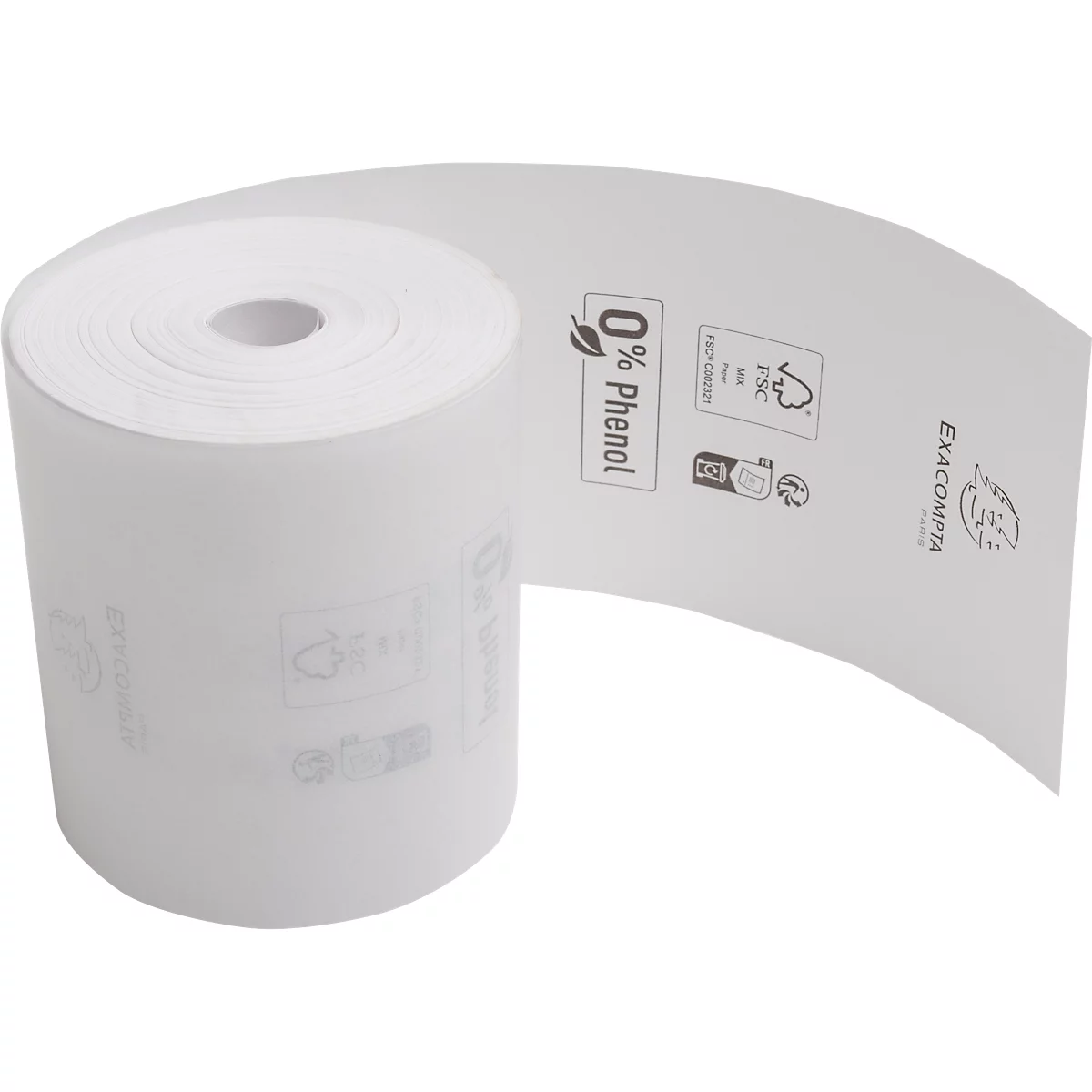 Rouleau de papier thermique blanc, étiquette avec "0% Phénol" et logo FSC. Logo Exacompta.
