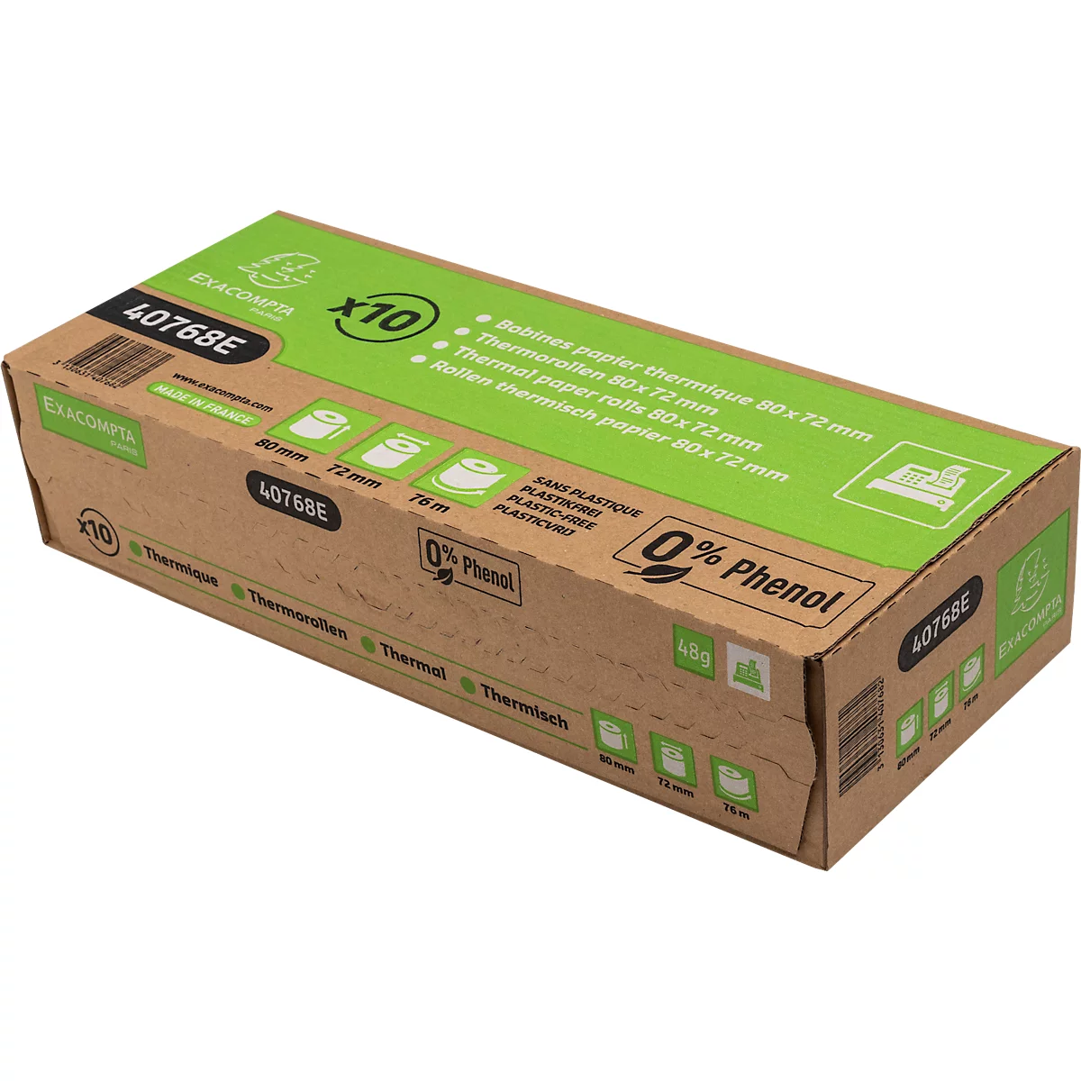 Boîte en carton avec rouleaux de papier thermique, impression verte, inscription '0% Phénol'.