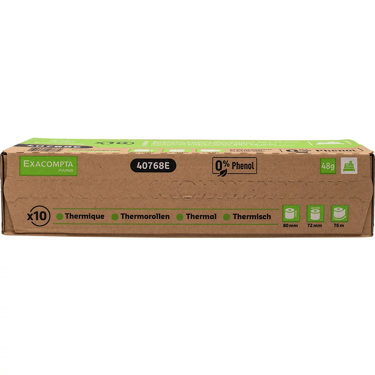 Boîte en carton de rouleaux thermiques, marque Exacompta. Inscription: 40768E, 0% Phénol. Différentes tailles : 80 mm, 73 mm, 76 mm.