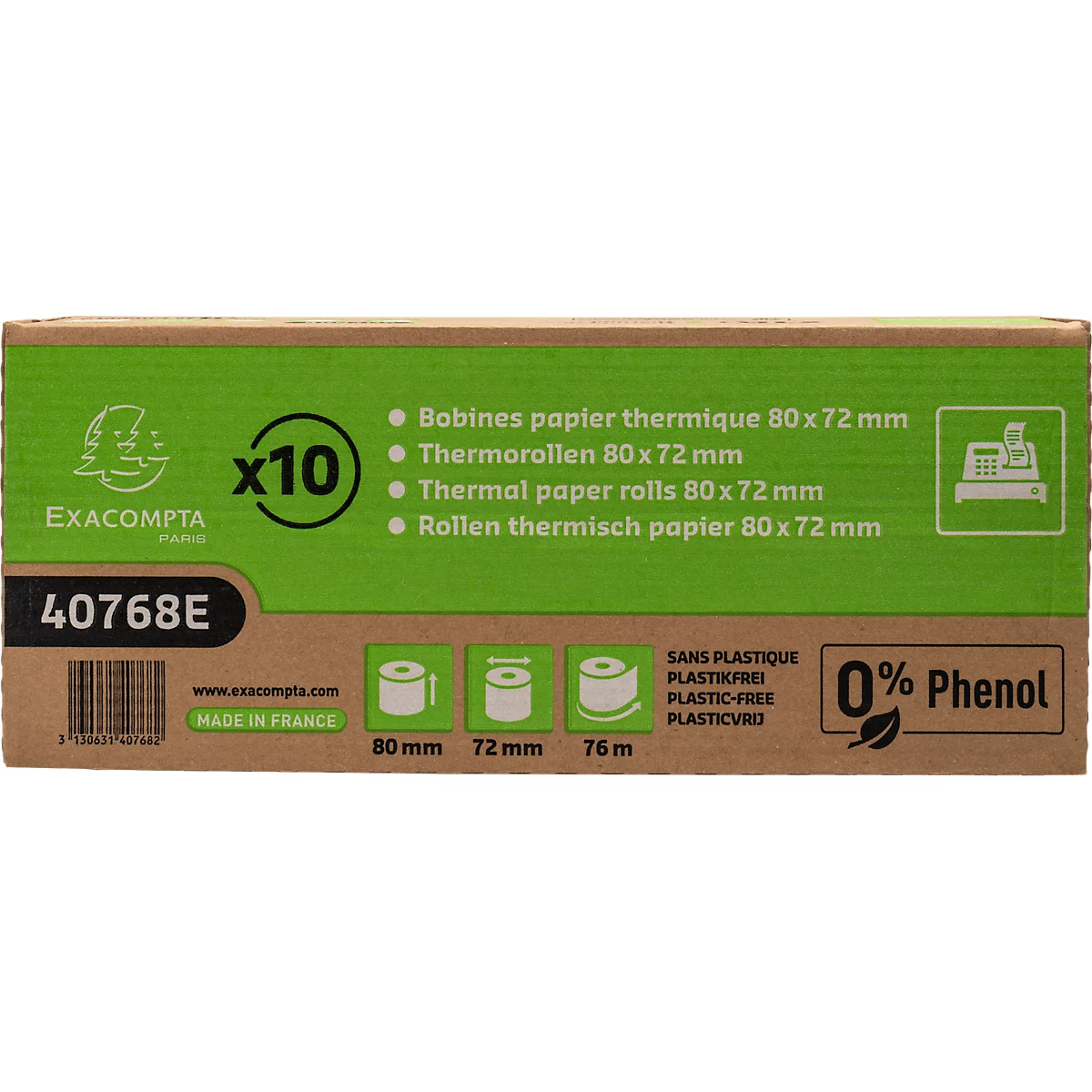 Emballage en carton vert avec lettrage noir. Rouleaux de papier thermique pour imprimante sont représentés.