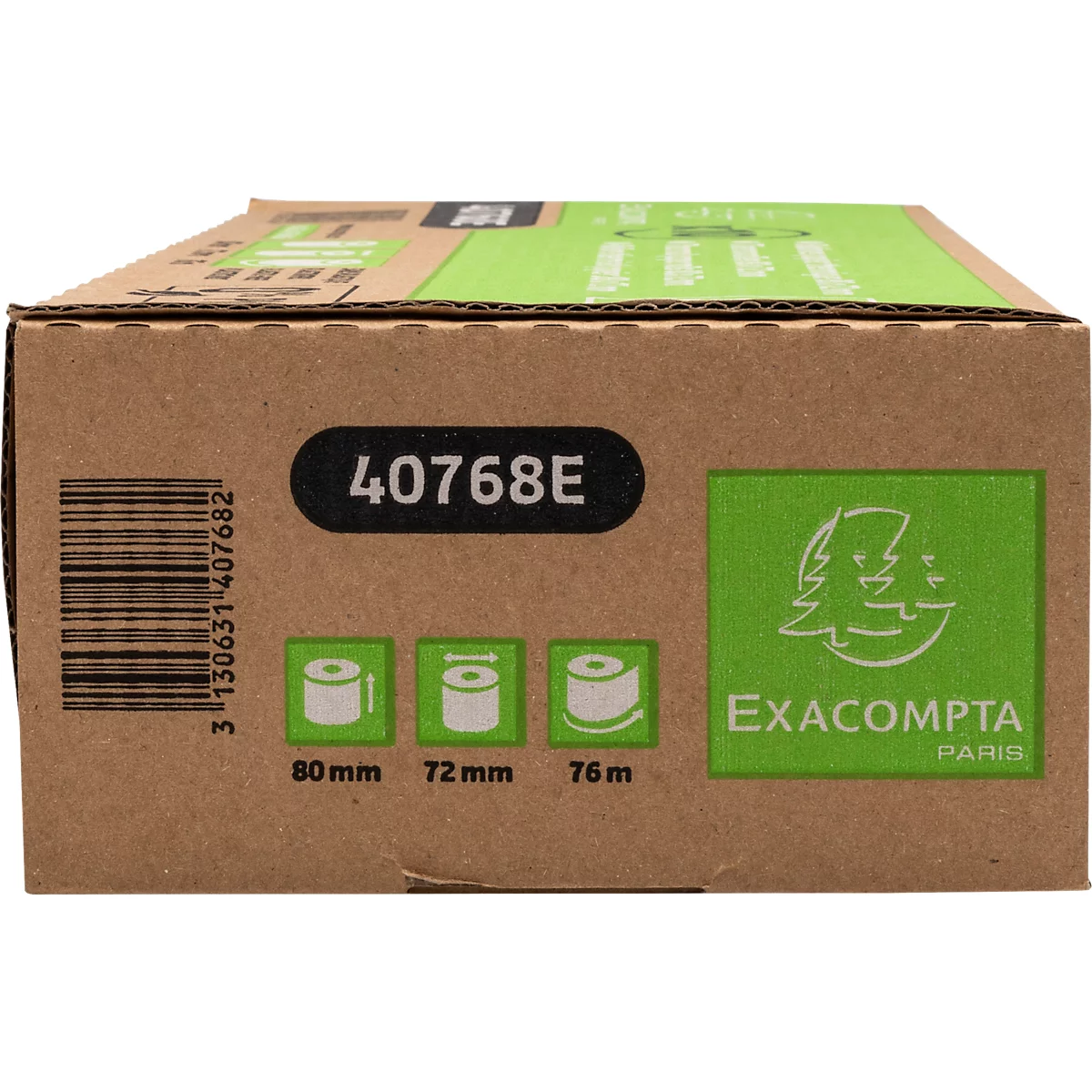 Boîte en carton marron avec des étiquettes, dont un logo vert avec un graphique d'arbre et les mots "Exacompta Paris".