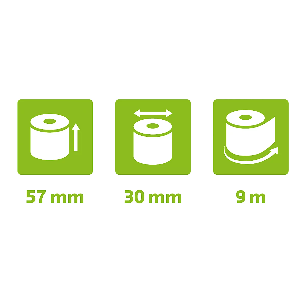 Trois carrés verts avec des icônes blanches : dimensions pour un rouleau de ruban adhésif, 57 mm, 30 mm et 9 m.