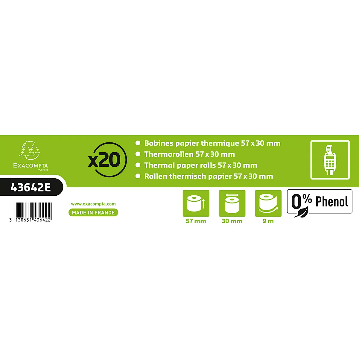 Rouleau thermique Exacompta 43642E, pour tous les systèmes de caisses thermiques, L 9 m x l 57 x Ø 30 mm, 1 épaisseur, sans phénol ni plastique, papier FSC®, blanc, 20 pièces