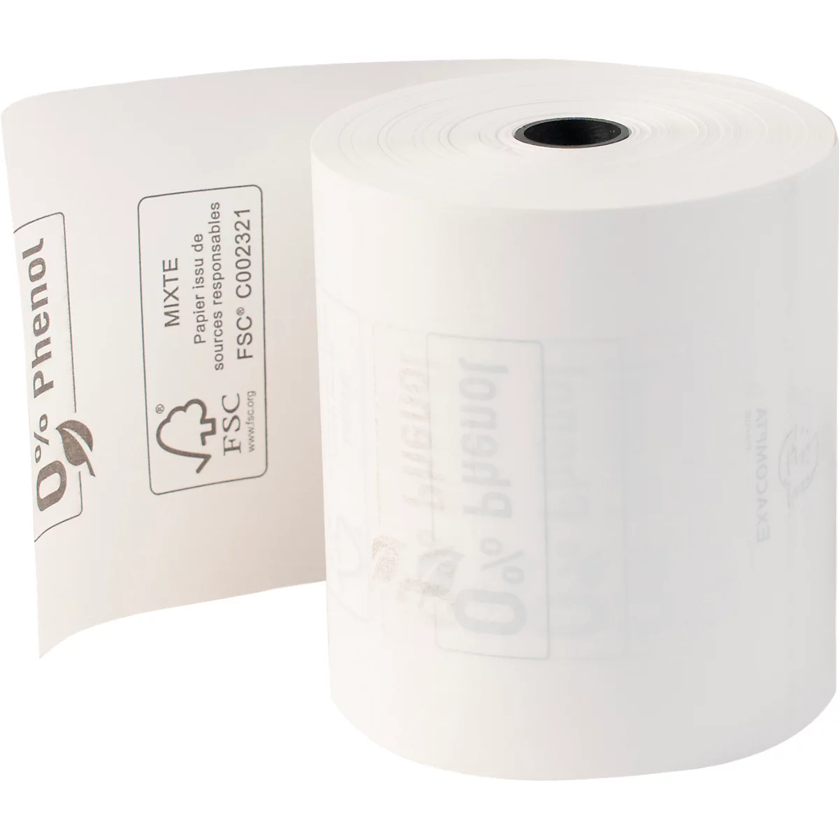 Rouleau de papier thermique blanc, partiellement déroulé. Impressions: 0% Phénol, logo FSC, texte.