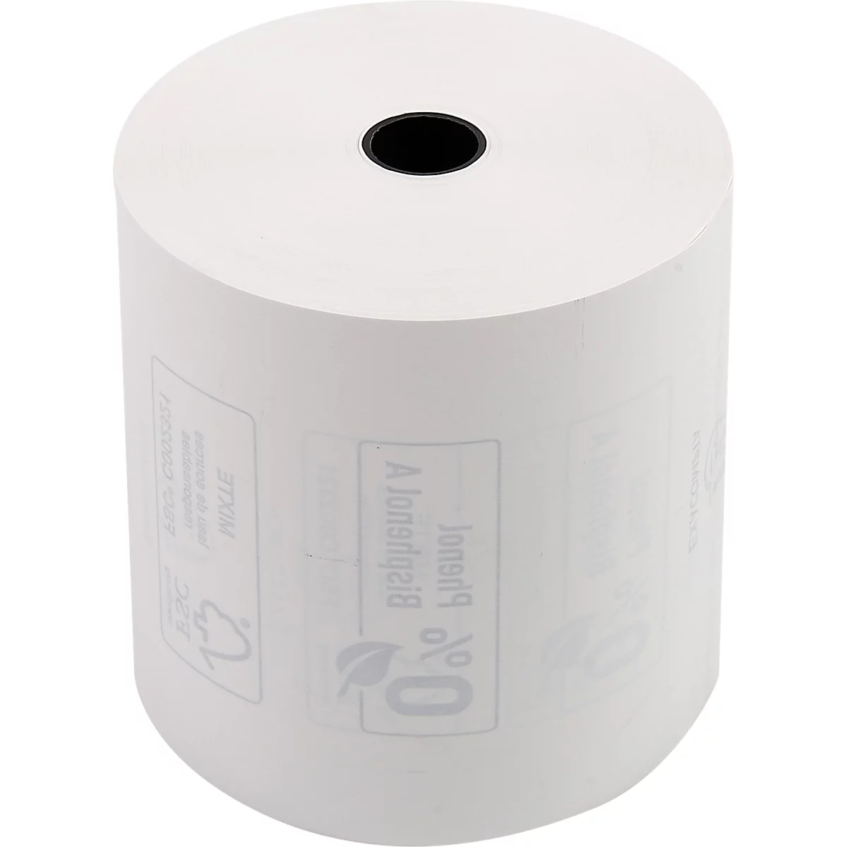 Un rouleau de papier blanc avec un cœur noir. Des étiquettes avec du texte et des logos sont visibles sur la surface.