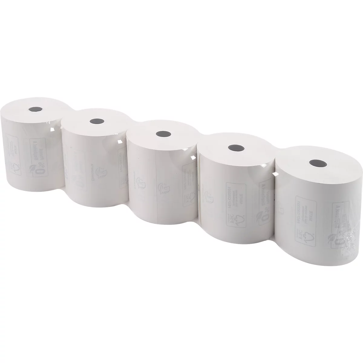 Cinq rouleaux de papier blanc emballés dans du plastique.