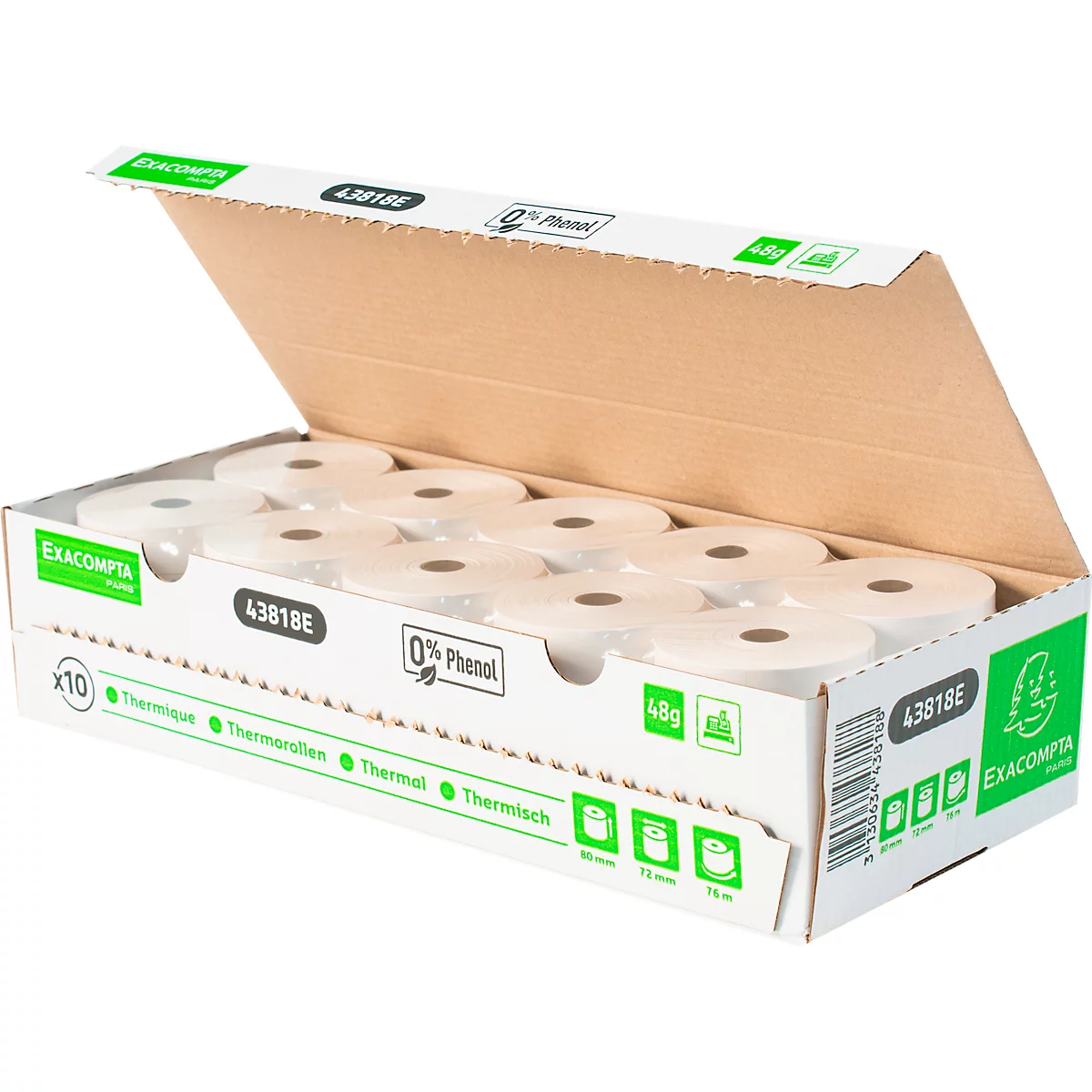 Boîte ouverte avec 10 rouleaux thermiques; Impression : 0% Phénol, Exacompta.