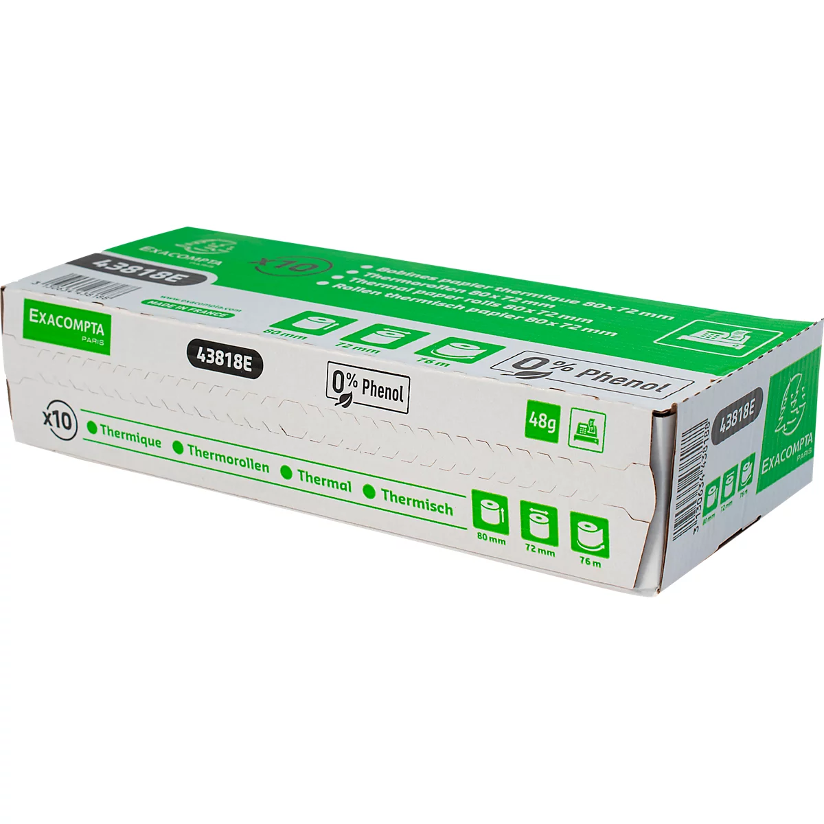Boîte de rouleaux thermiques, blanche avec couvercle et lettrage verts, étiquetée 0% phénol.