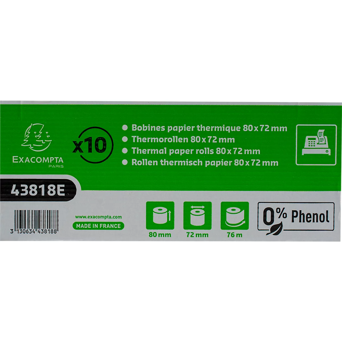 Emballage vert avec le texte rouleaux de papier thermique 80 x 72 mm, le logo du fabricant, les informations sur le produit, le code-barres et la mention 0% phénol.