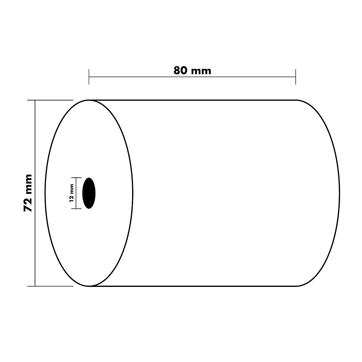 Représentation cylindrique avec dimensions : 72 mm de haut, 80 mm de long, trou de 12 mm. Noir et blanc.
