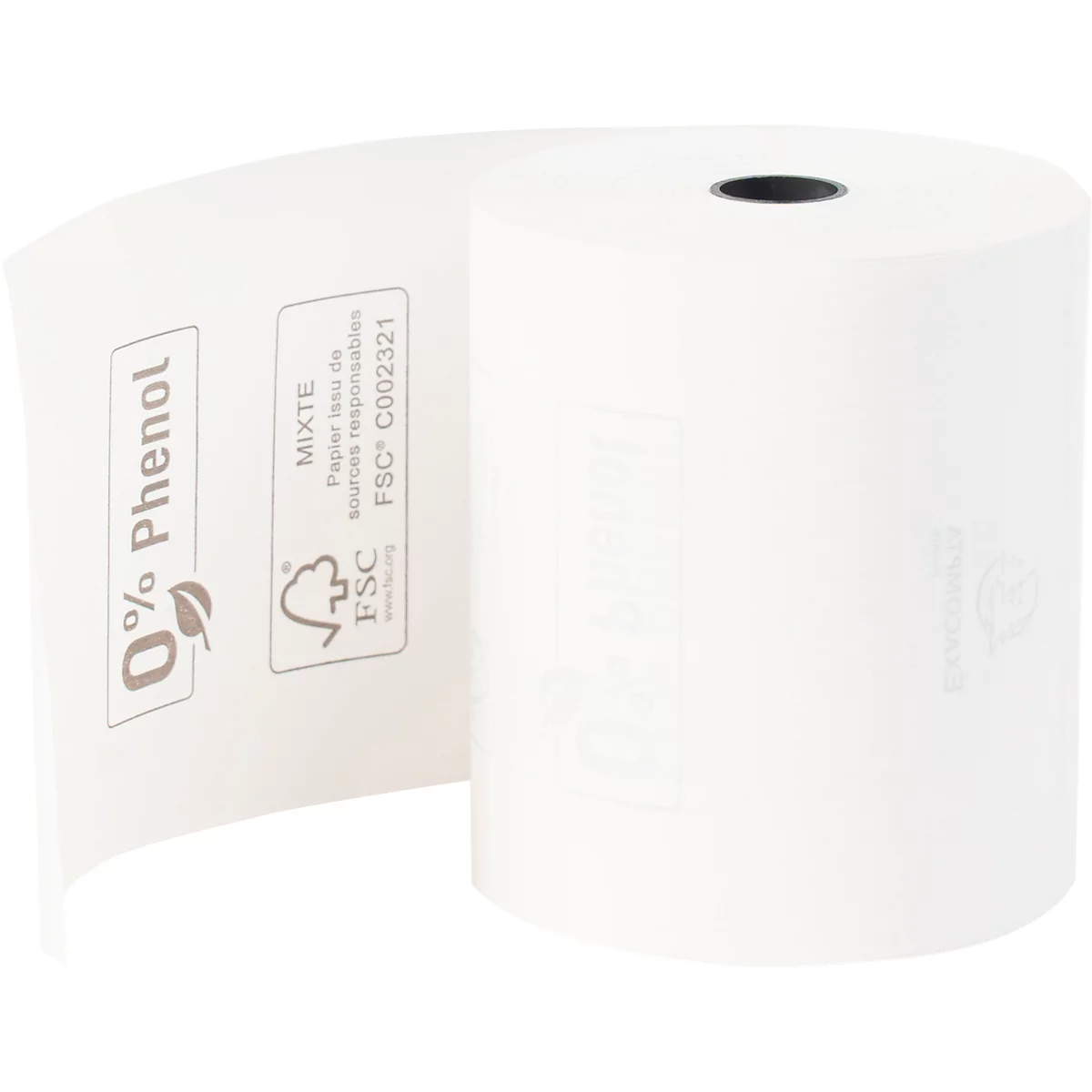Un rouleau de papier thermique blanc, partiellement déroulé. Des logos et des inscriptions sont visibles sur le papier : "0% Phénol" et le label FSC.