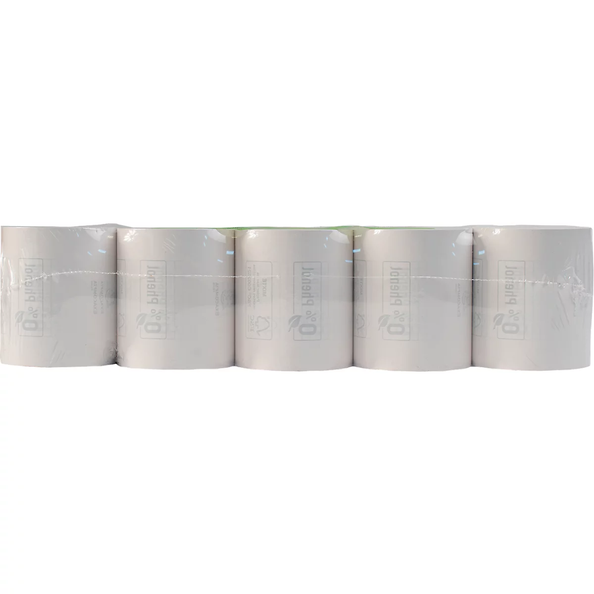 Cinq rouleaux de papier blanc emballés dans du papier d'aluminium. On peut voir des inscriptions sur les rouleaux.