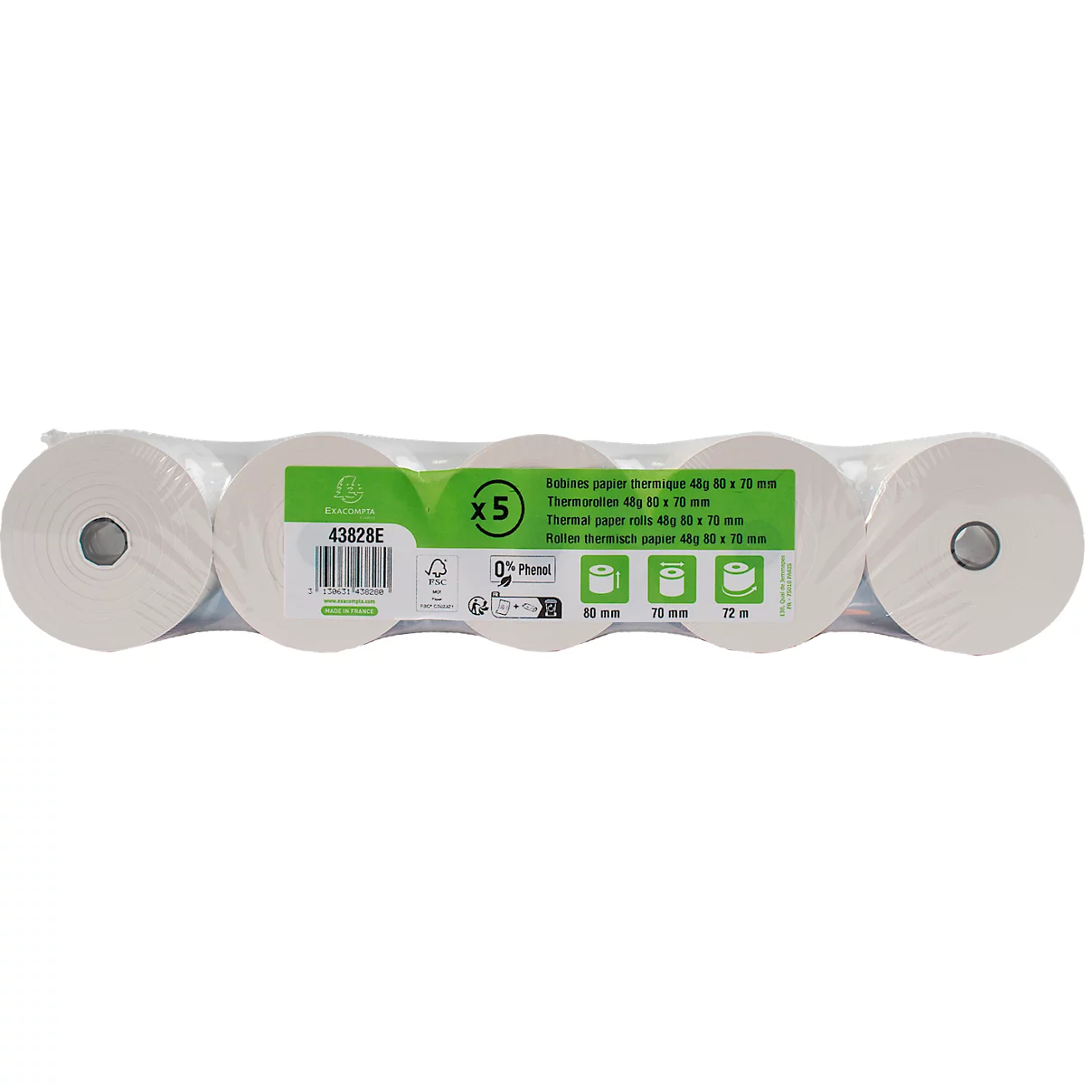 Cinq rouleaux de papier thermique emballés dans du film, avec informations sur le produit. Inscription : 48 mm, 75 mm et 72 m.