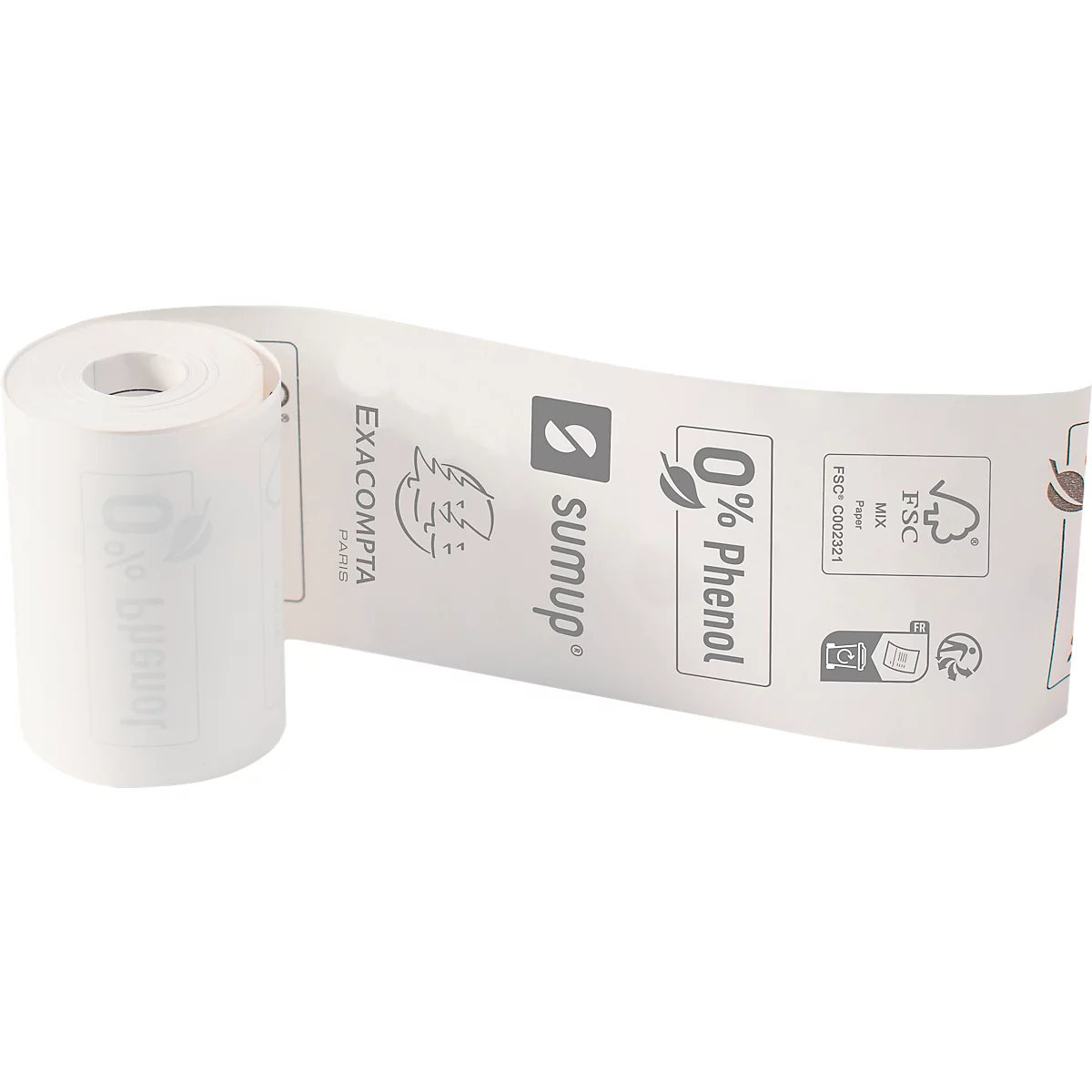 Rouleau de papier thermique. Logos imprimés comme SumUp et FSC.