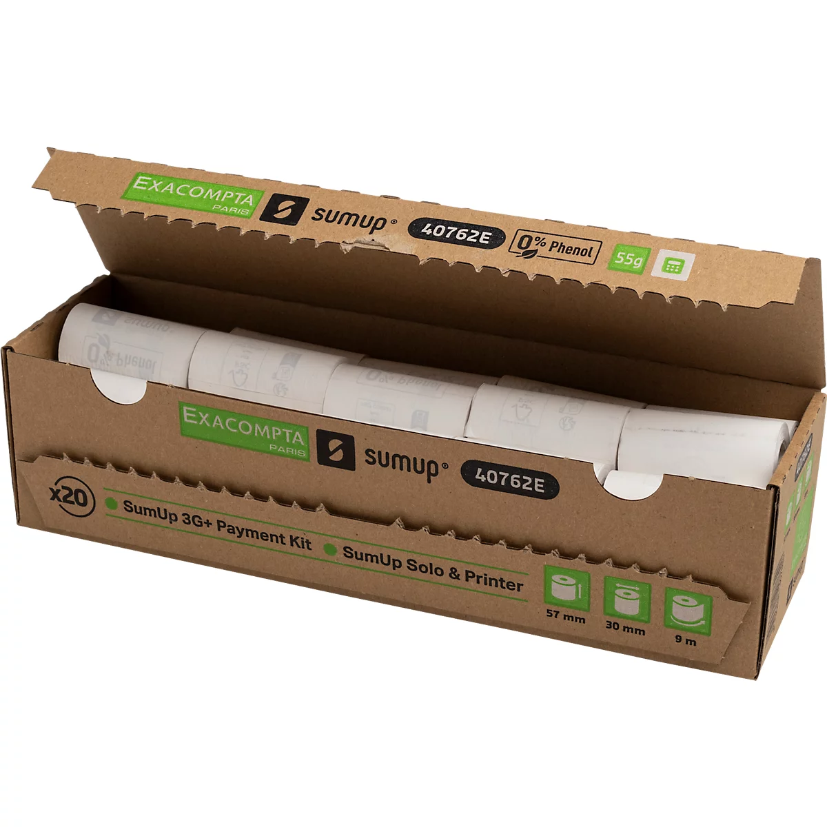 Boîte en carton contenant des rouleaux de papier thermique. Impressions : Exacompta, Sumup, 40762E, 0% phénol. Étiquettes sur la boîte : SumUp 3G+ Payment Kit, SumUp Solo & Printer.