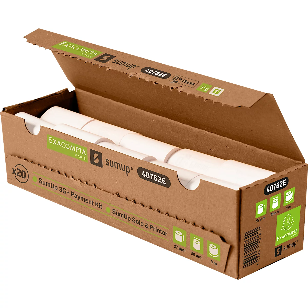 Une boîte en carton marron ouverte contenant des rouleaux de papier blanc. La boîte est étiquetée avec 'SumUp' et les détails du produit.