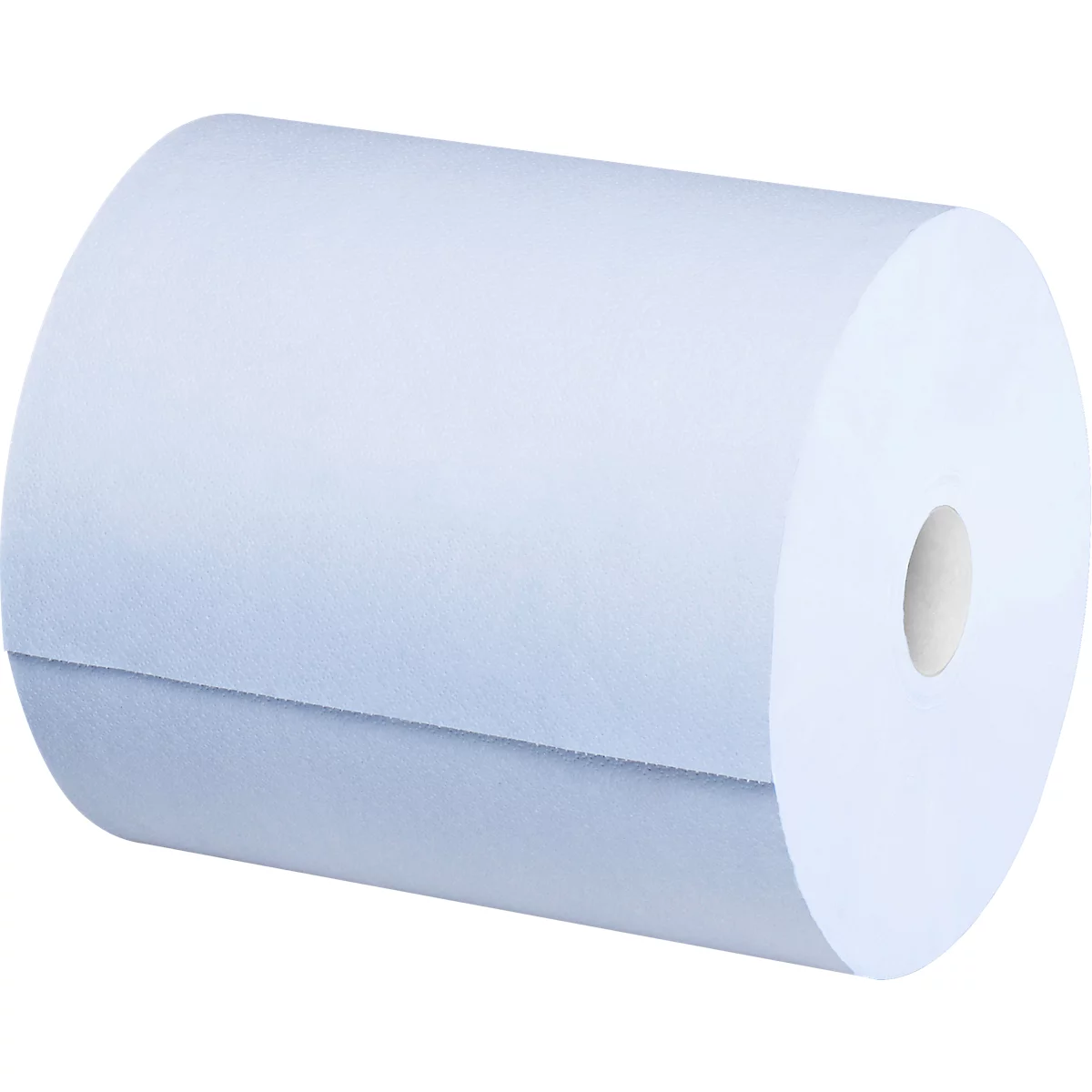 Un rouleau de papier bleu clair, type distributeur d'essuie-mains, sur fond blanc.