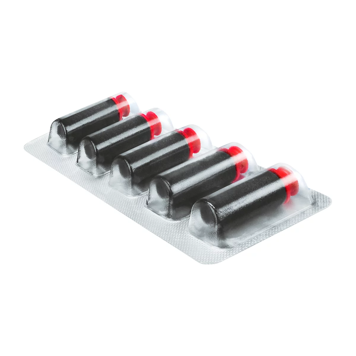 Cinq stylos noirs avec des extrémités rouges dans un blister.