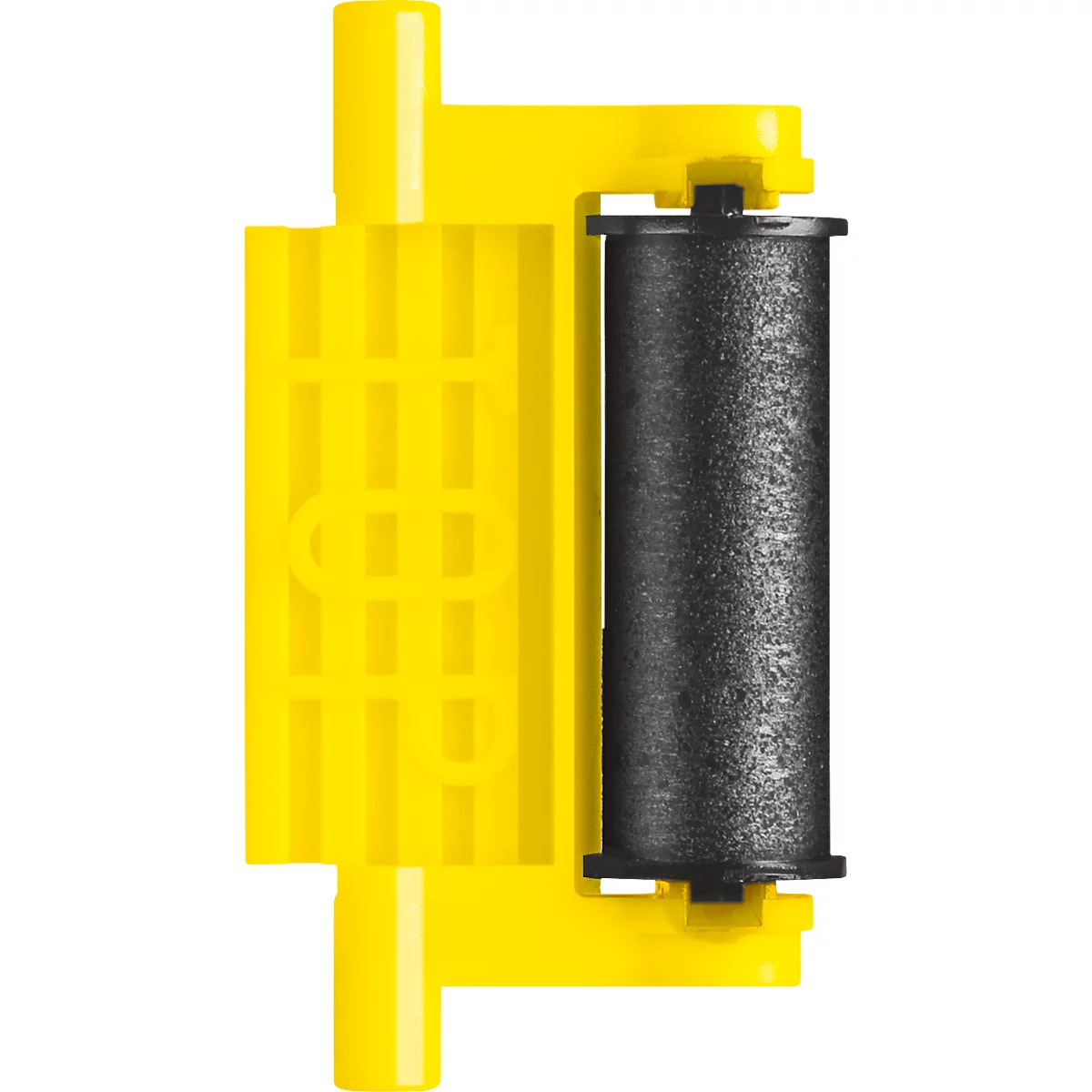 Rubans d'encre jaunes pour une étiqueteuse. Le rouleau noir est à droite, le boîtier jaune à gauche.