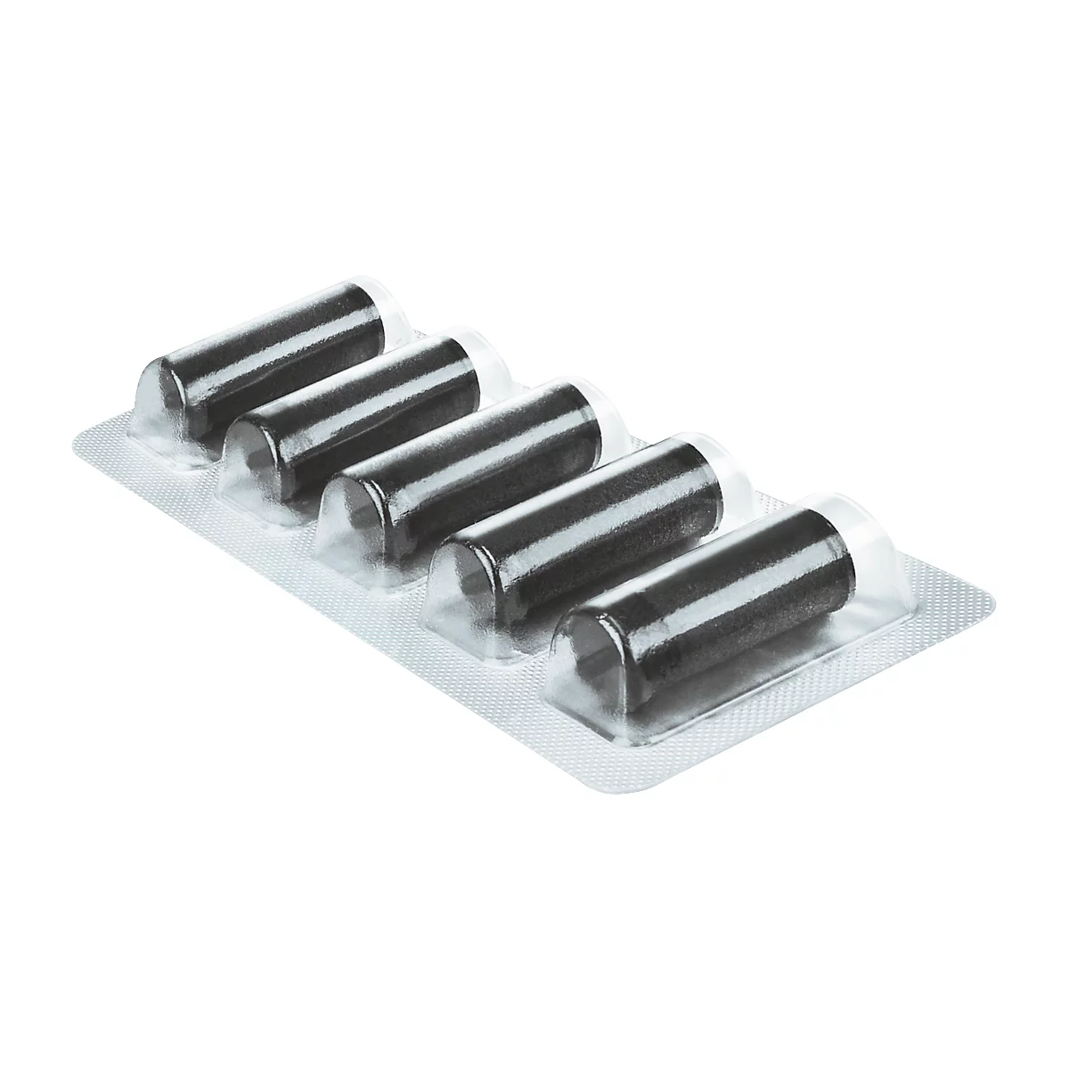 Cinq objets cylindriques noirs dans une blister transparente.