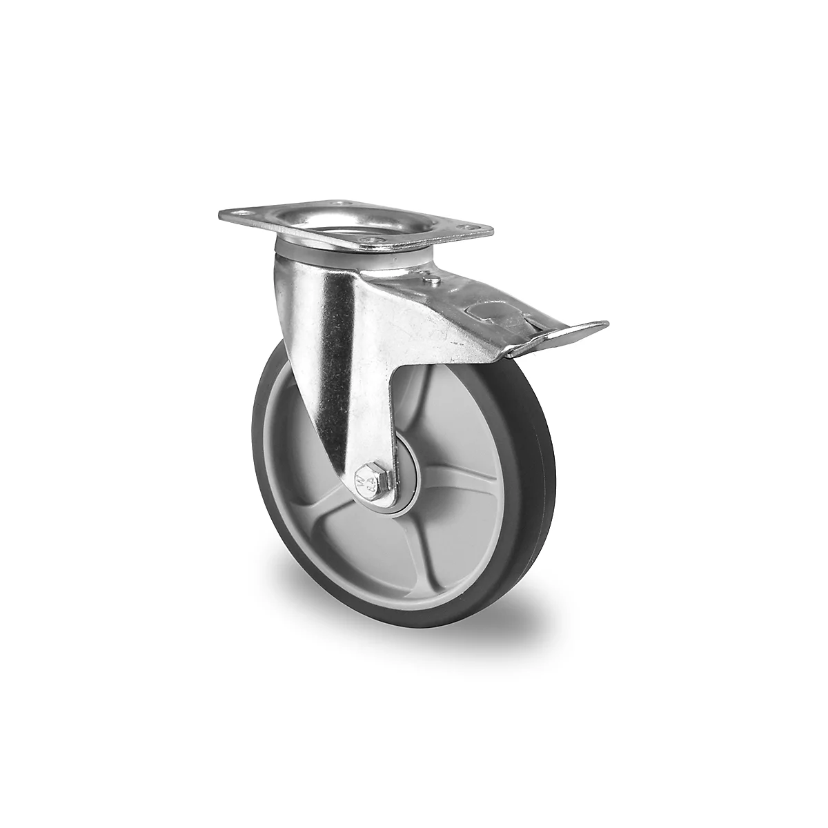 Roulette pivotante CASCOO P2G2, avec blocage total, ø de roue 200 mm x L 40 mm, jante en polypropylène, bande de roulement en élastomère, grise, roulement à billes, jusqu'à 250 kg