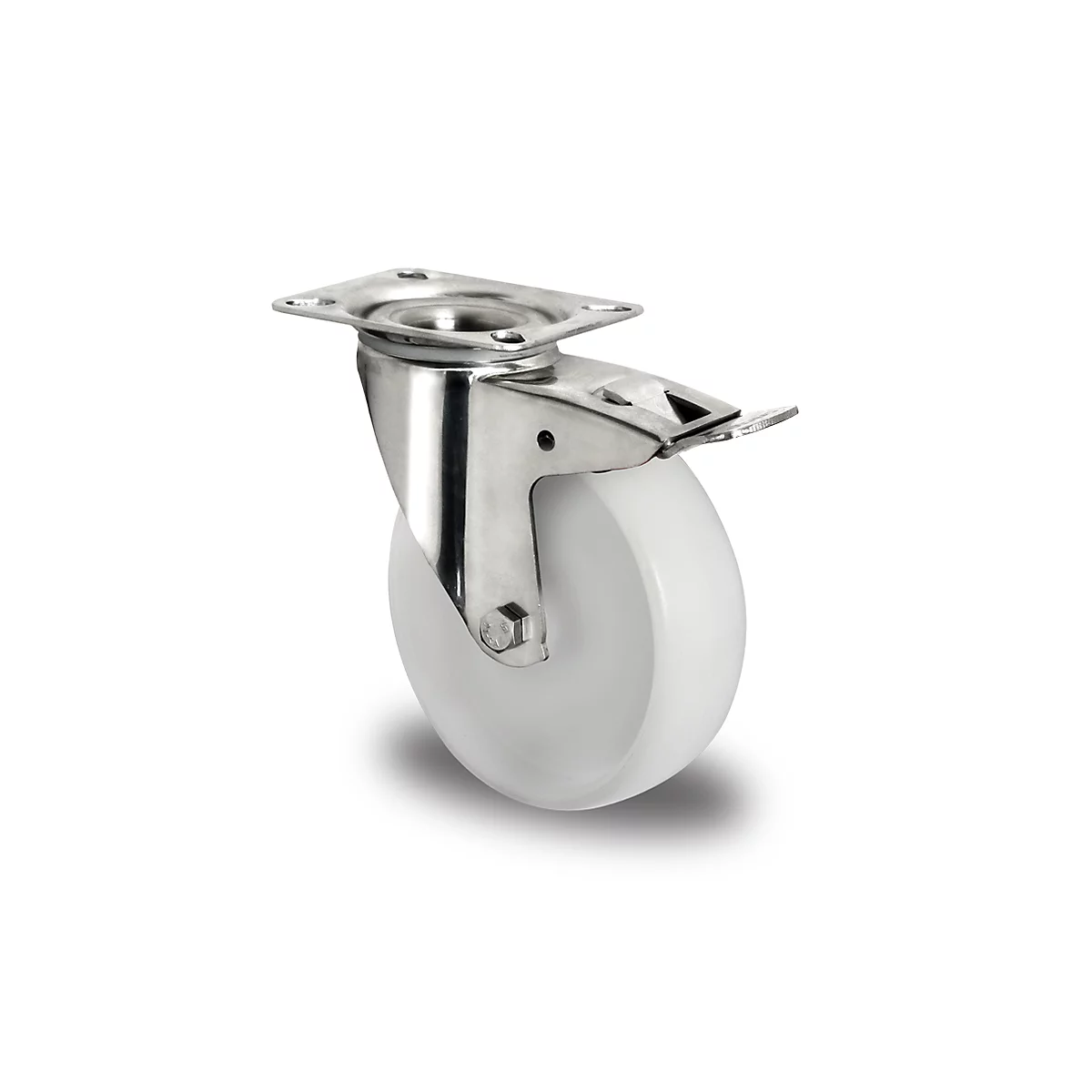 Roulette pivotante en acier inoxydable CASCOO N0N0, avec blocage total, ø de roue 100 mm x L 36 mm, jante en polyamide, bande de roulement en polyamide, naturel/blanc, palier lisse en acier inoxydable, jusqu'à 150 kg