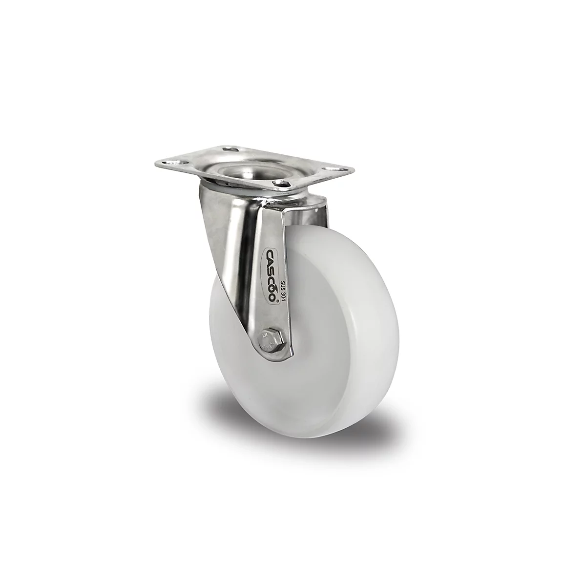 Roulette pivotante en acier inoxydable CASCOO N0N0, avec roue ø 100 mm x L 36 mm, jante en polyamide, bande de roulement en polyamide, naturel/blanc, palier lisse en acier inoxydable, jusqu'à 150 kg