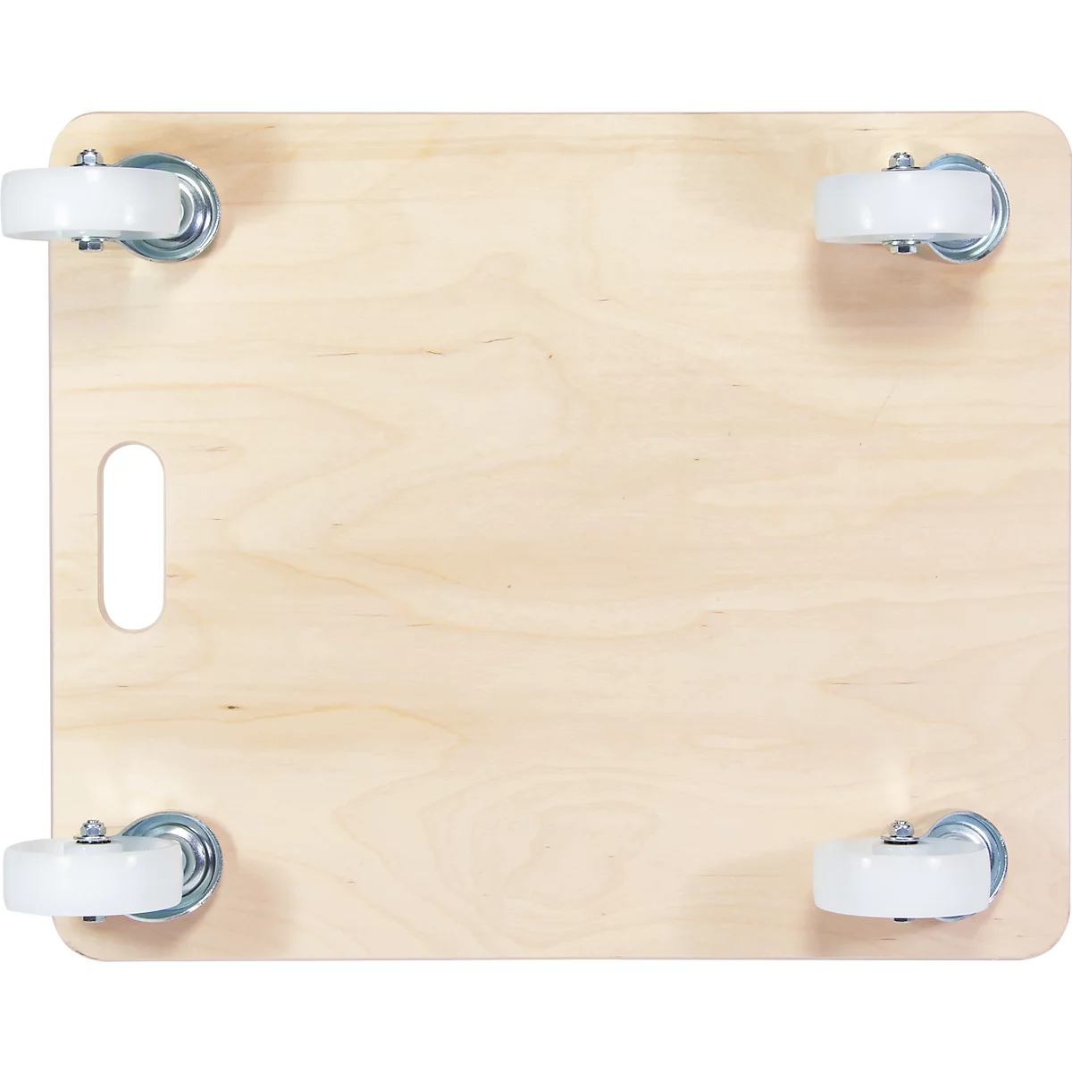 Planche en bois avec quatre roues blanches et une poignée. Le fond est blanc.