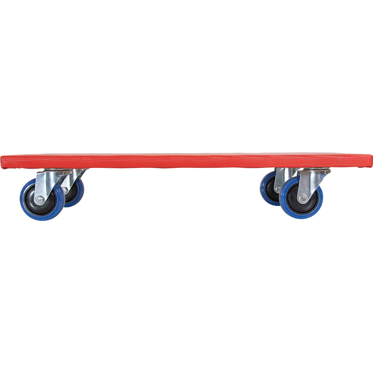 Planches à roulettes rouges avec des roues bleues, se faisant face en rangée. Présenté de profil.