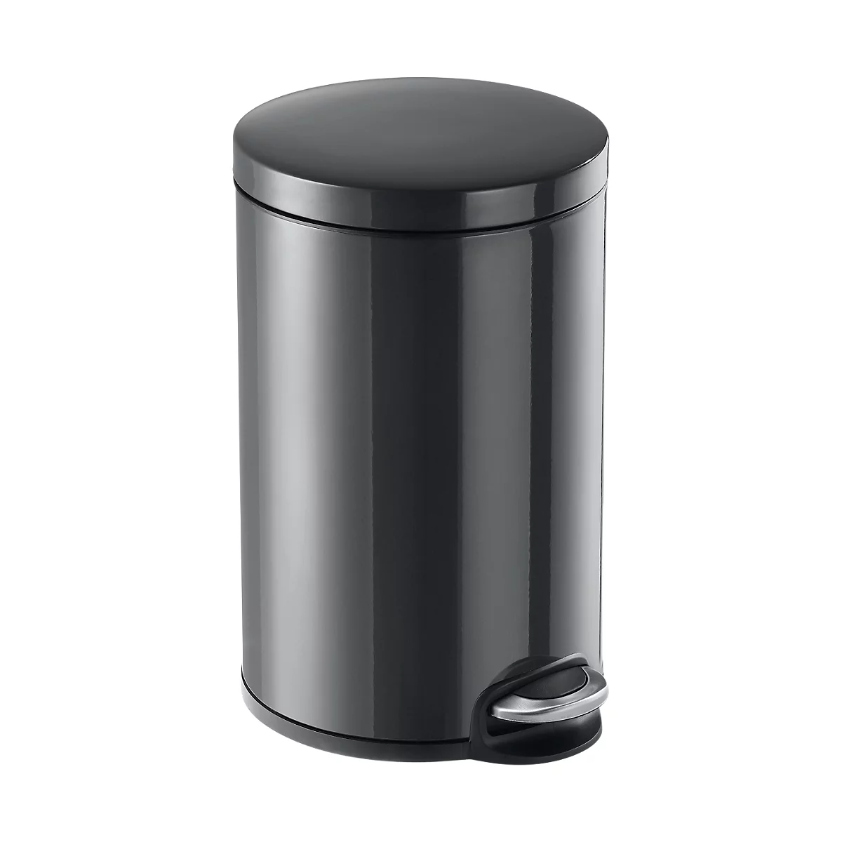Dark gray pedal bin with round lid and foot pedal. Smooth surface, suitable for bathroom or kitchen.