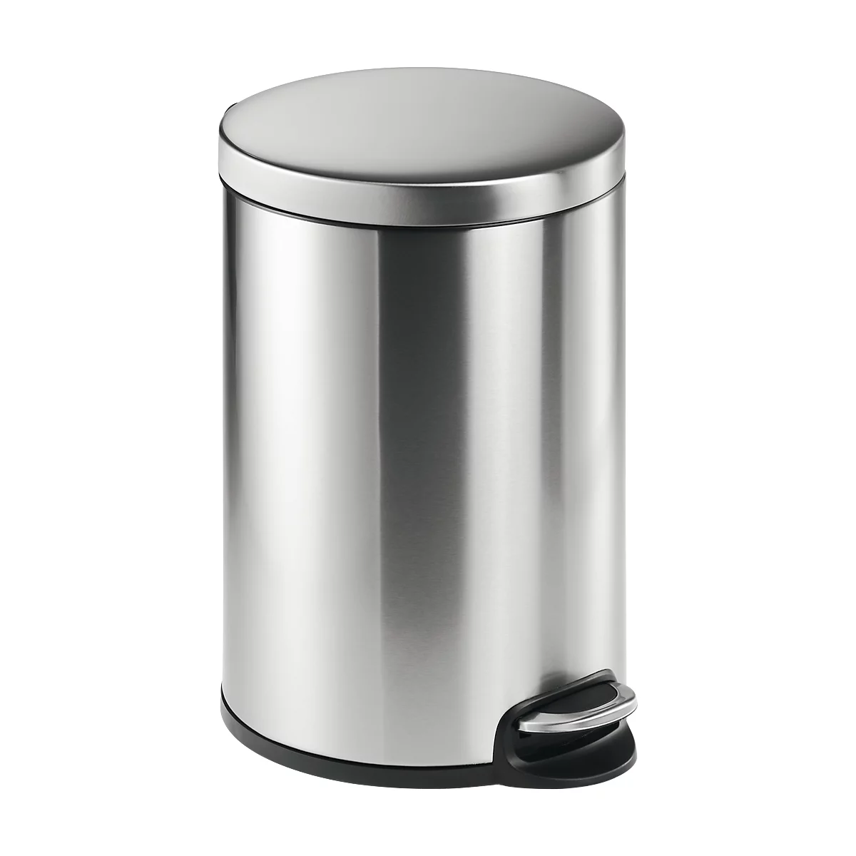 Silver trash can with lid and foot pedal.