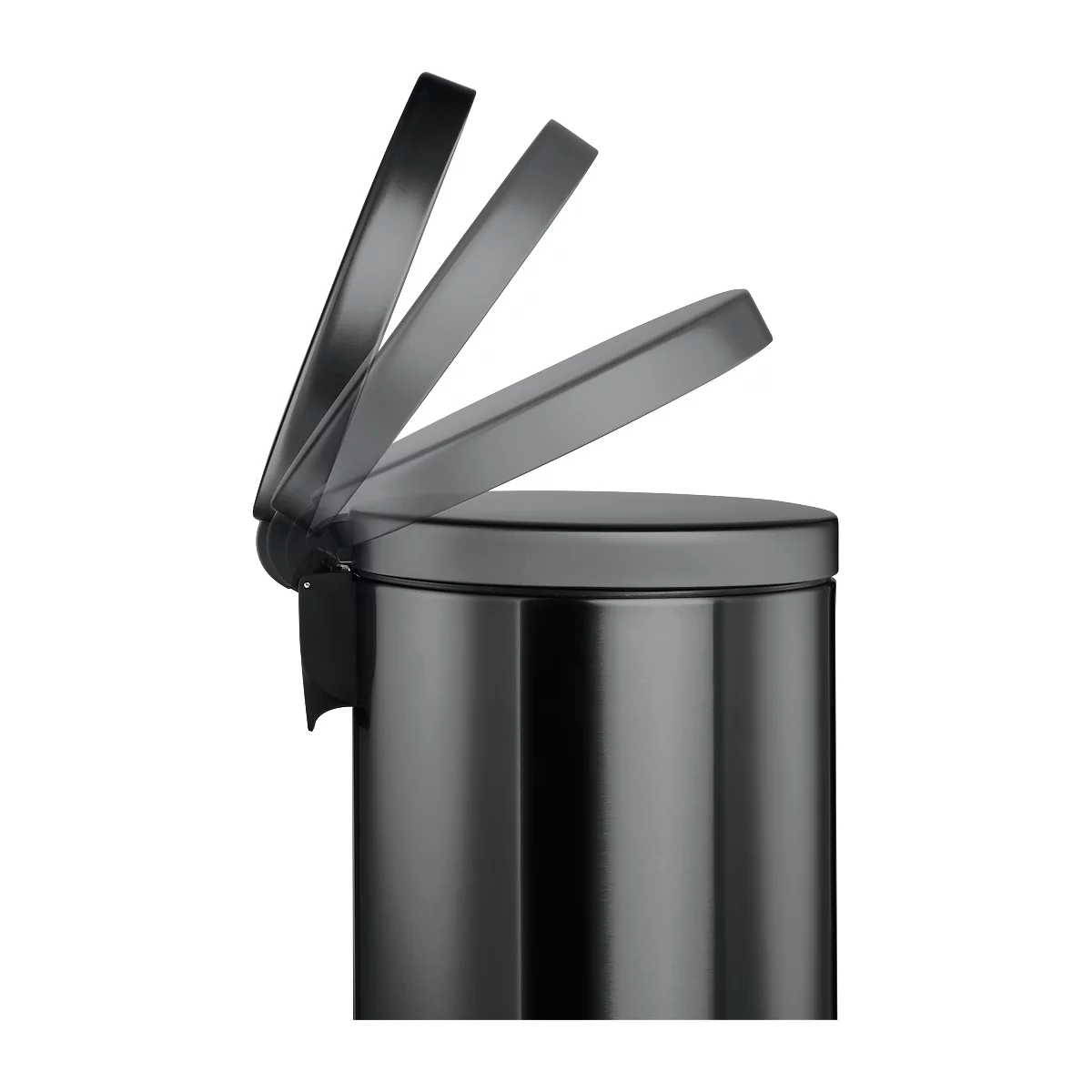 Black trash can, lid open.