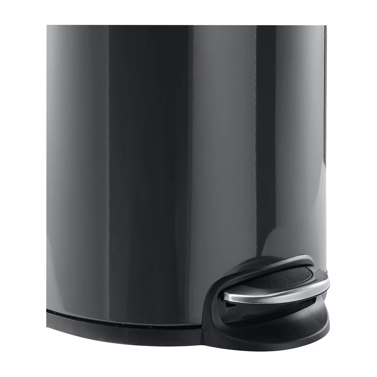 Close-up of an anthracite-colored trash can. The metallic foot pedal is visible.