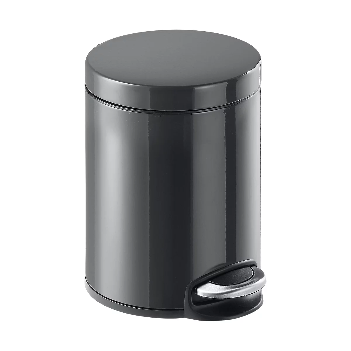 Dark gray trash can with lid and foot pedal.