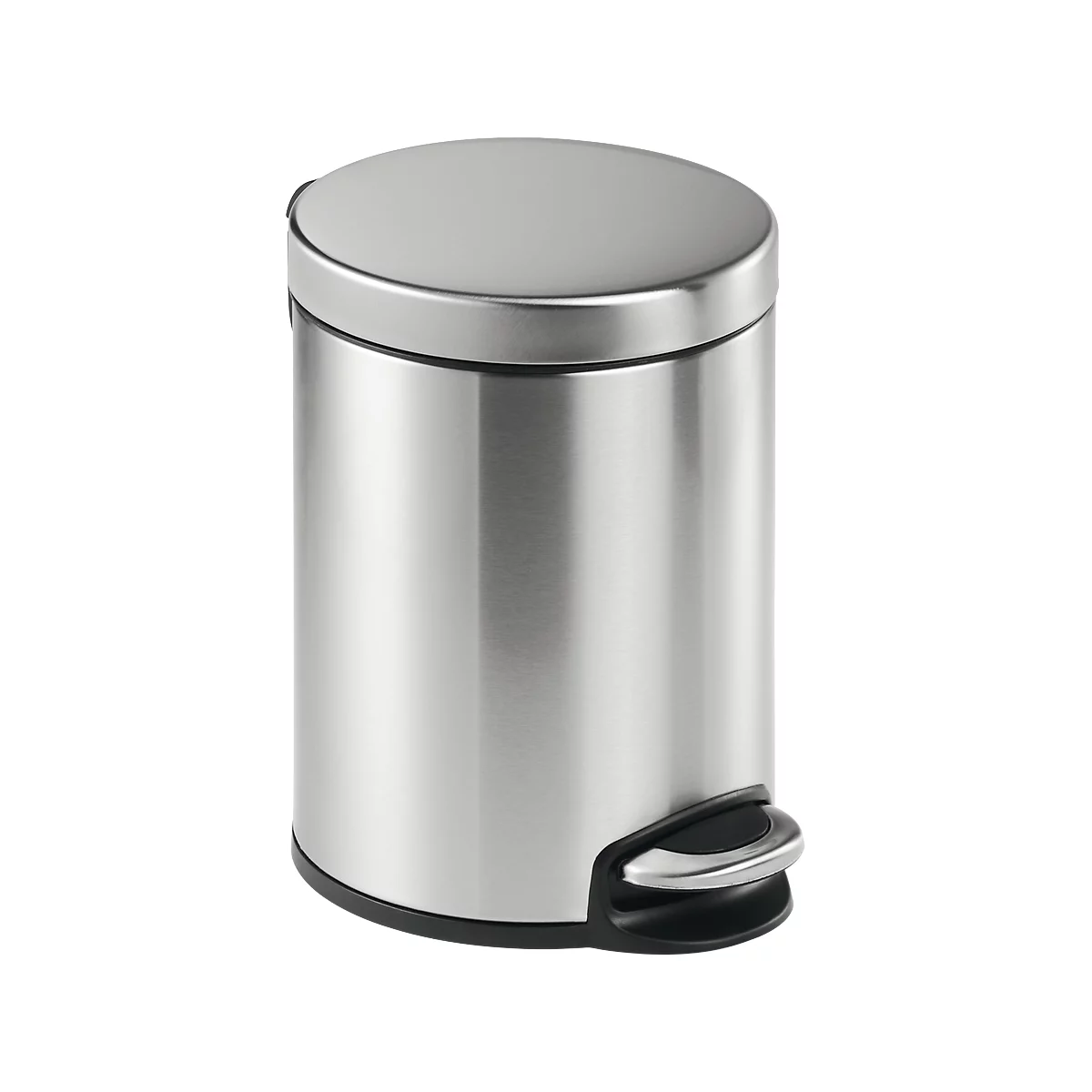 Round, silver trash can with lid and foot pedal.