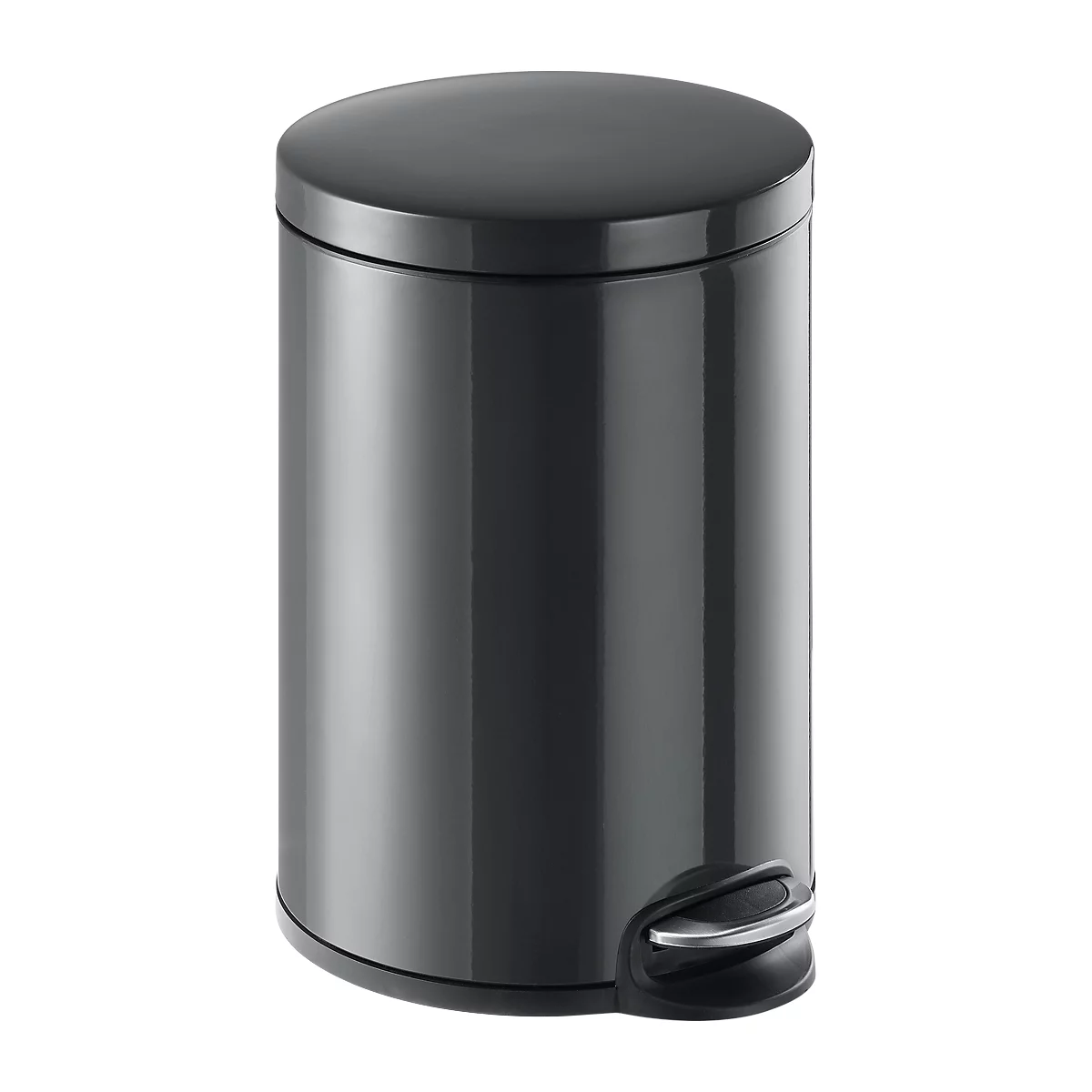 Gray, cylindrical pedal bin with a glossy finish and a silver pedal.