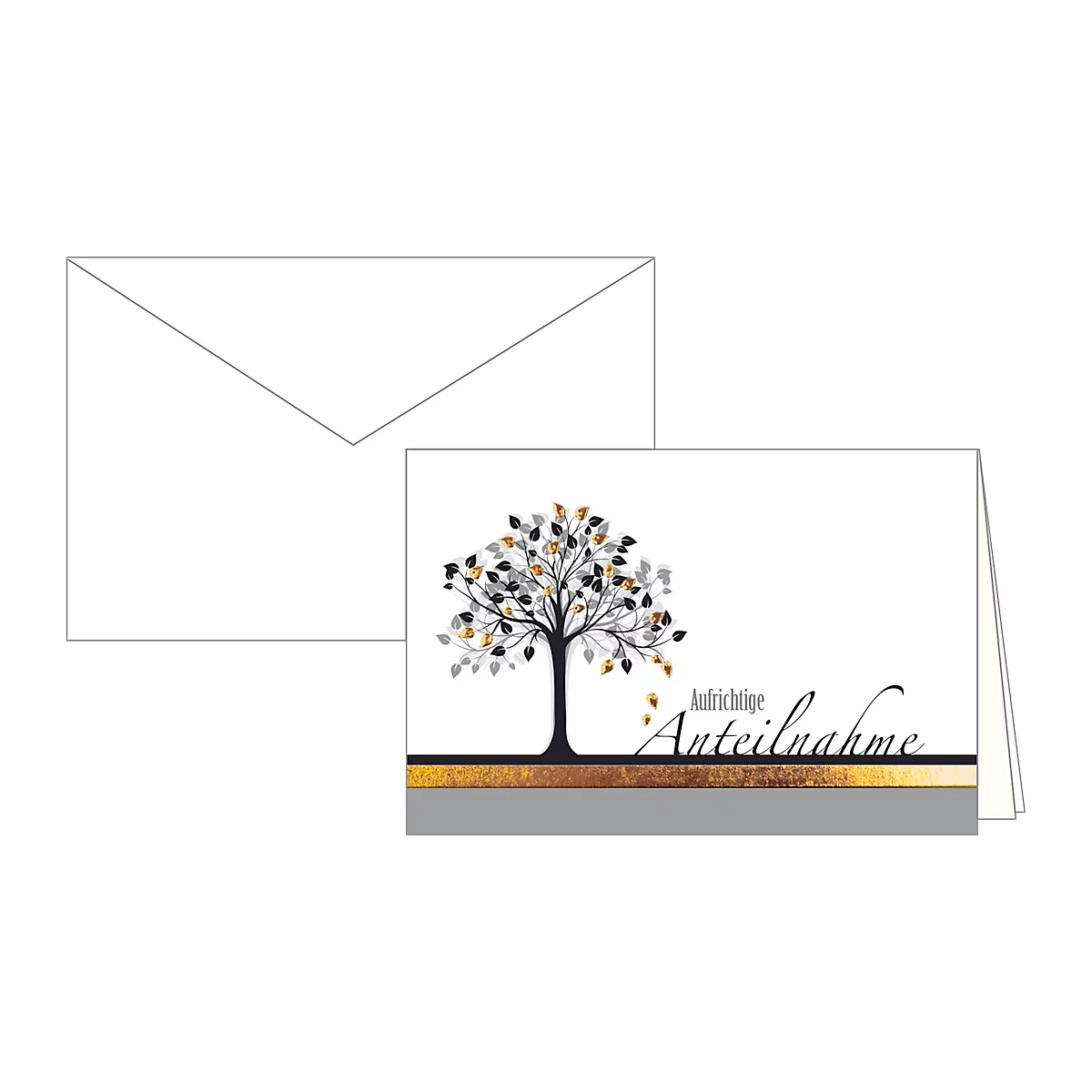 Rouwkaart Innige deelneming, motief boom met goudfoliedruk in reliëf, set van 10