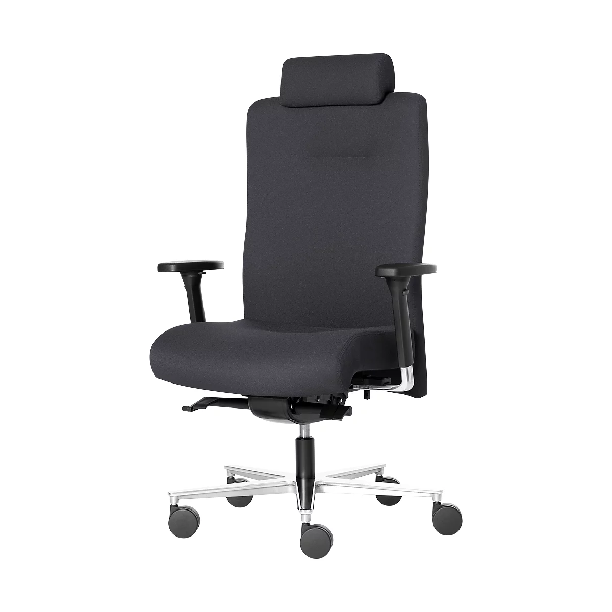 Black office chair with headrest, armrests and castors, against a white background.