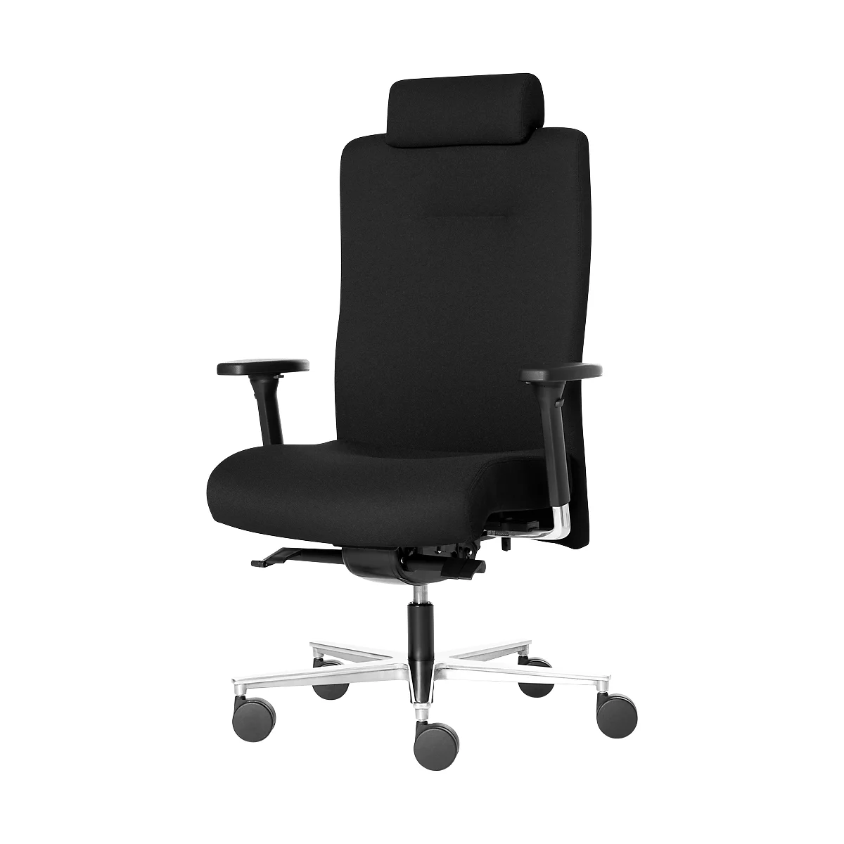 Black office chair with headrest and armrests on castors.