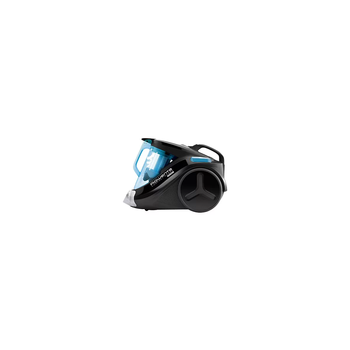 Schwarzer Rowenta Compact Power Staubsauger mit blauem Staubbehälter auf weißem Hintergrund.